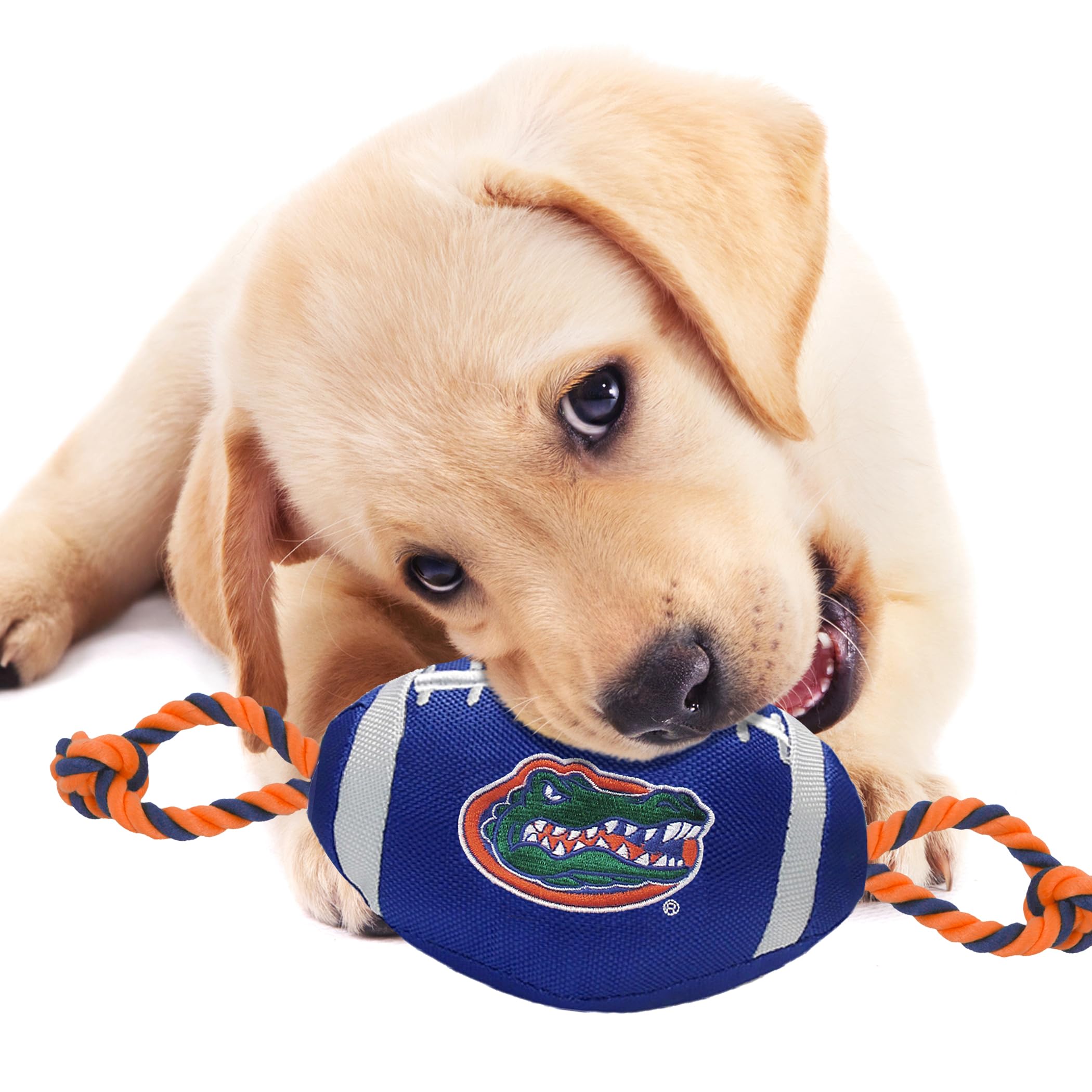 Pets First NCAA Florida Gators Football Dog Toy, Tough Quality Nylon Materials, Strong Pull Ropes, Inner Squeaker, Collegiate Te