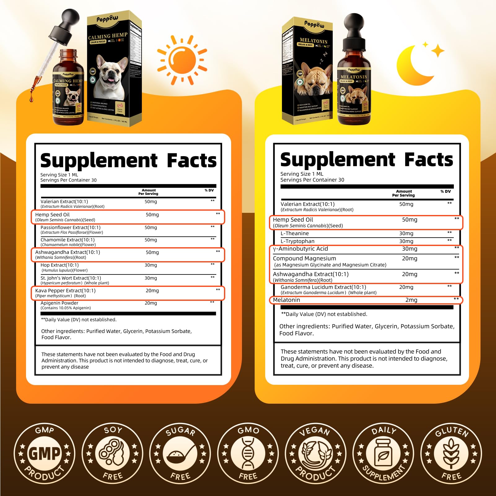 POPPAW Dog Calming & Melatonin Drops, Day & Night Calm Support Set, Soothe Separation & Stress, Enhance Calmness & Sleep with Va