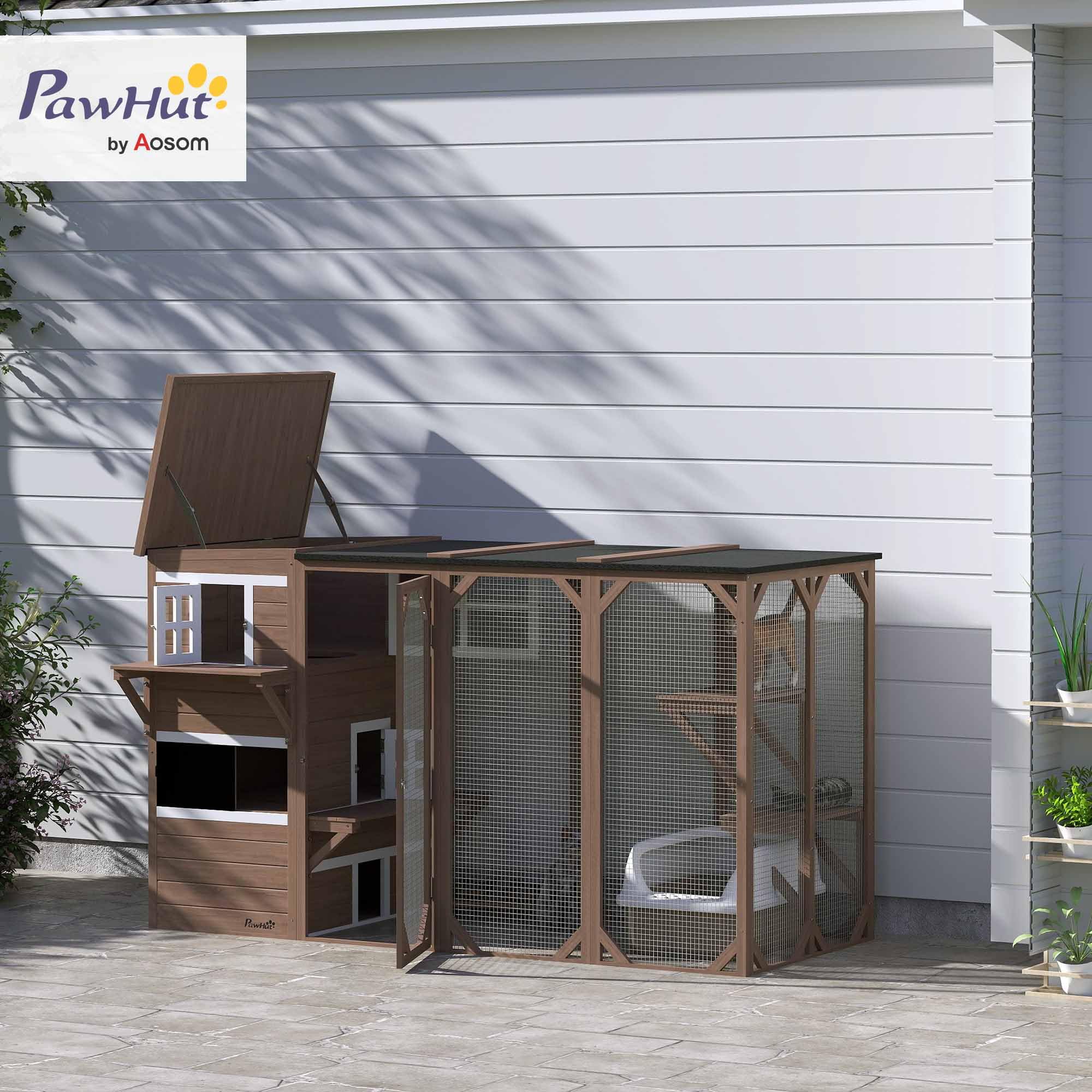 PawHut Catio Outdoor Cat Enclosure, Large Wood Kitten Cat House Enclosure with 3-Level Design, Weatherproof Roof, Big Hiding Are