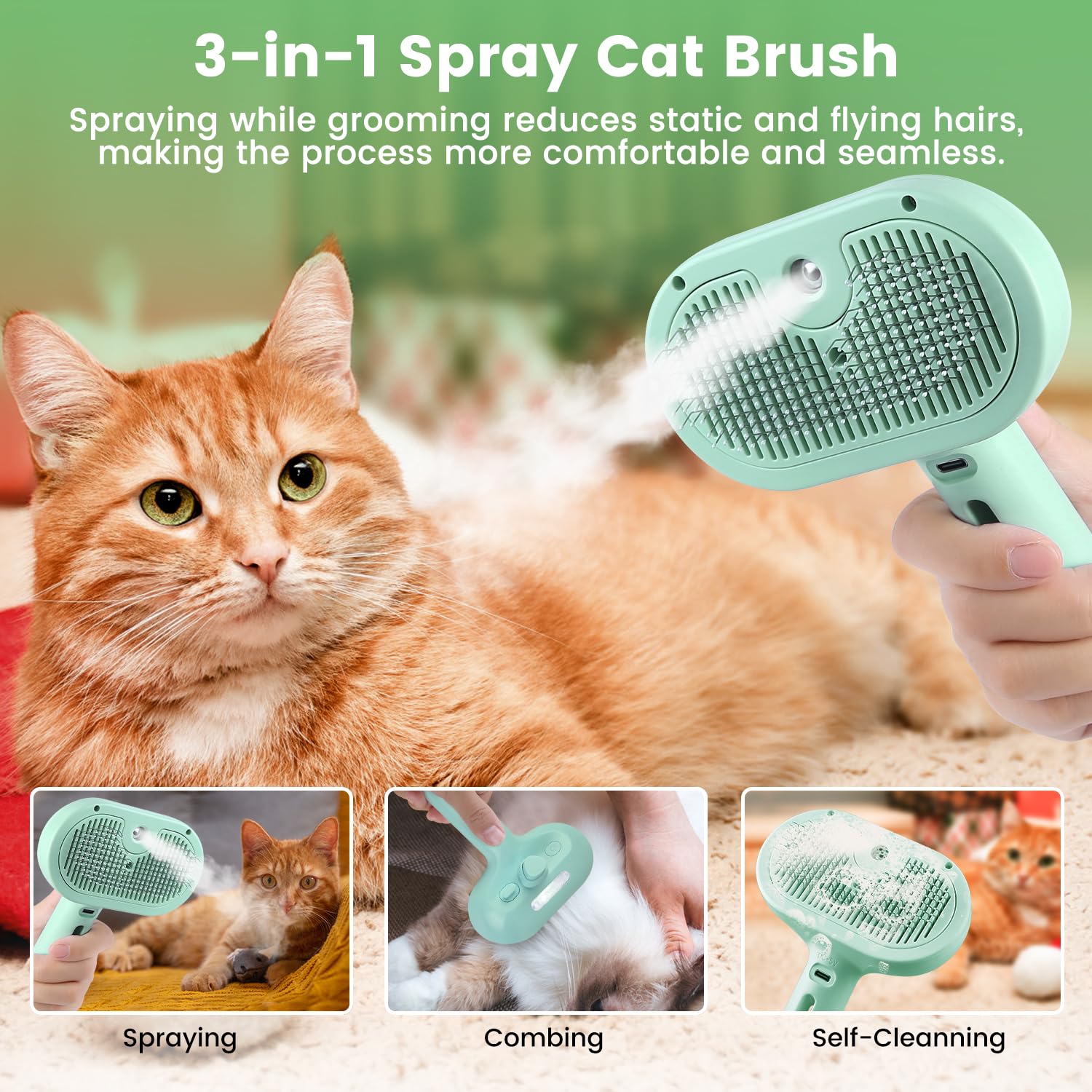 3 In 1 Cat Steam Brush, Pet Spray Hair Removal Comb For Shedding & Grooming, Water Brush For Cats Dogs Small Animals Long Short