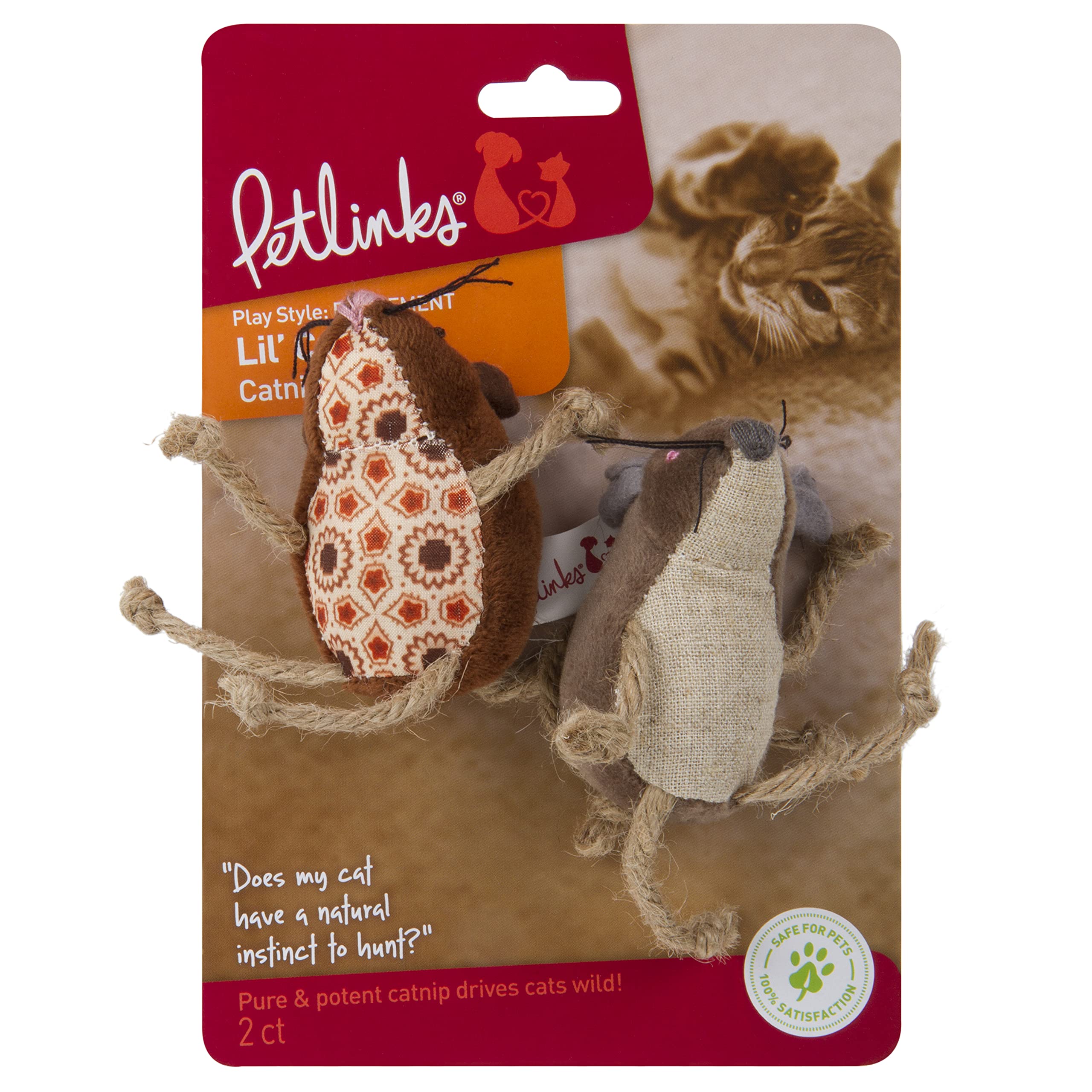 Petlinks (2 Count) Lil' Critters Mice Catnip Cat Toys - Brown, 2 Count