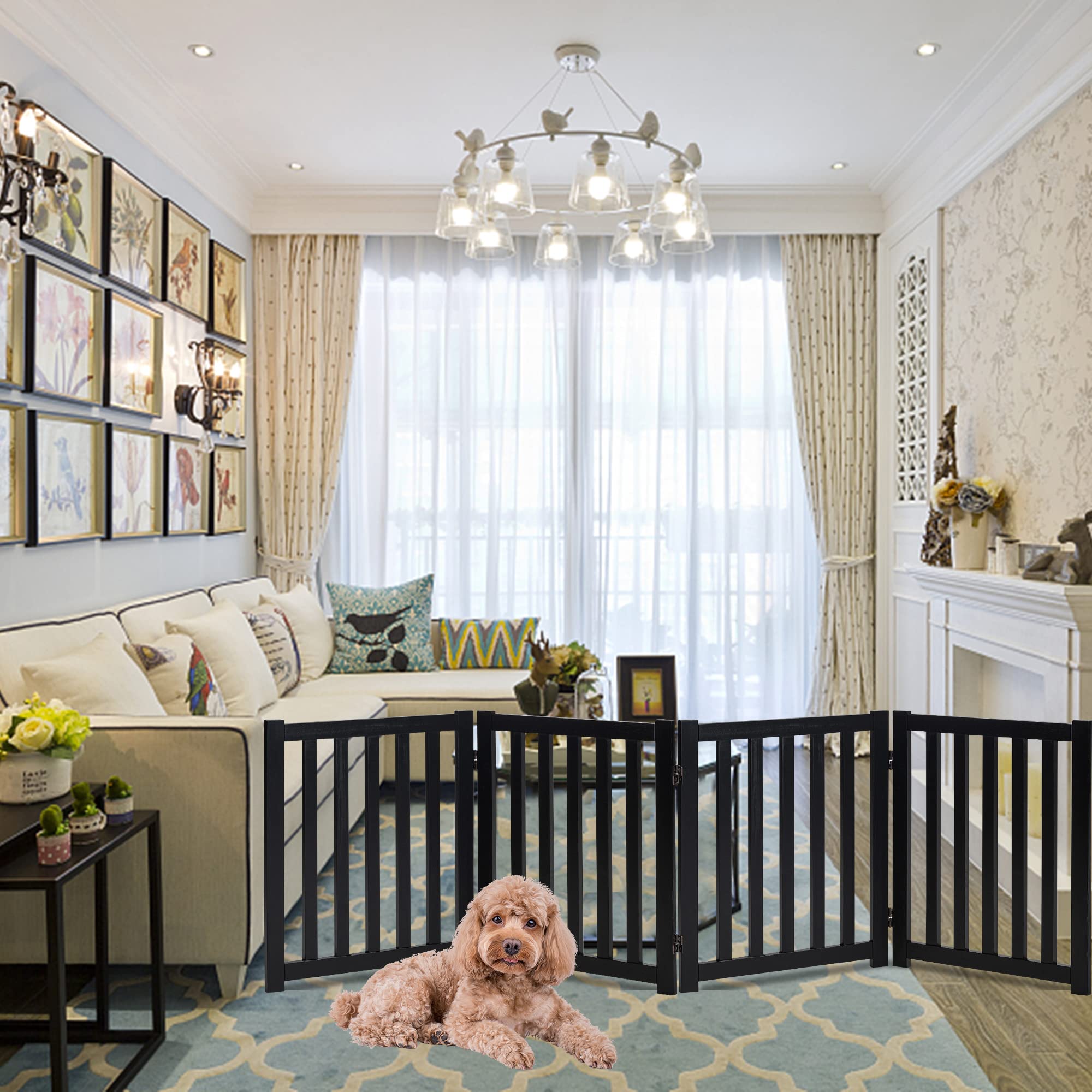 Lzrs Solid Hardwood Freestanding Pet Gate,Wooden Dog Gates For Doorways,Nature Wood Dog Gates For The House,Dog Gate For Stairs,Freestanding Indoor Gate Safety Fence,Black,24' Height-4 Panels