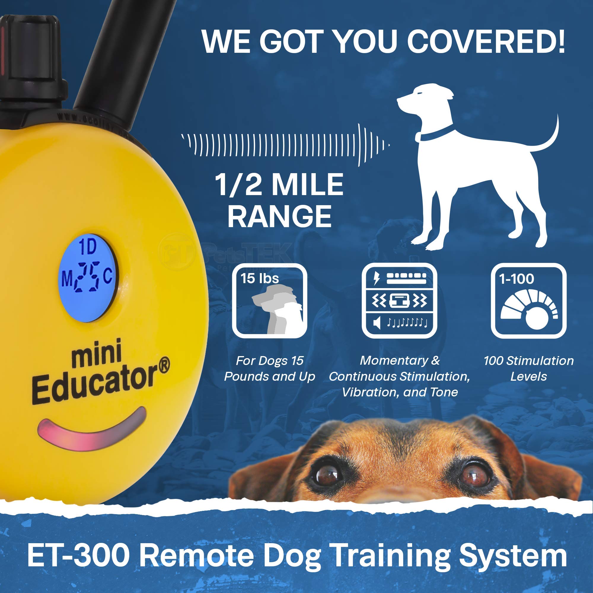 Educator E-Collar Remote Trainer - Waterproof, 100 Levels, Vibration & Sound, 1-Dog Size, Yellow