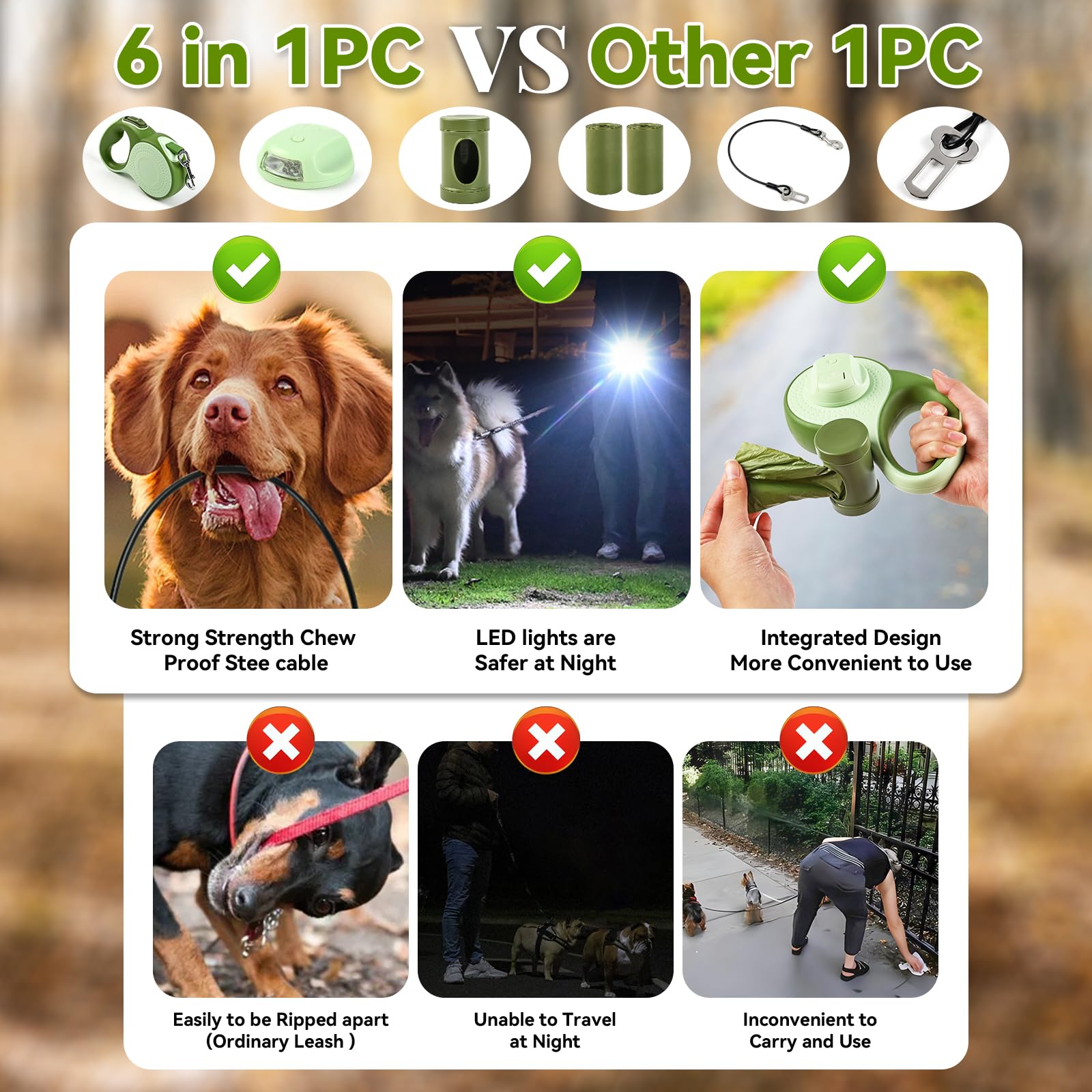 Odriew Heavy Duty Retractable Dog Leash For Large Dogs, 26Ft With Chew Proof Cable, Led Light, Dispenser, 2 Poop Bags. 360 No Ta