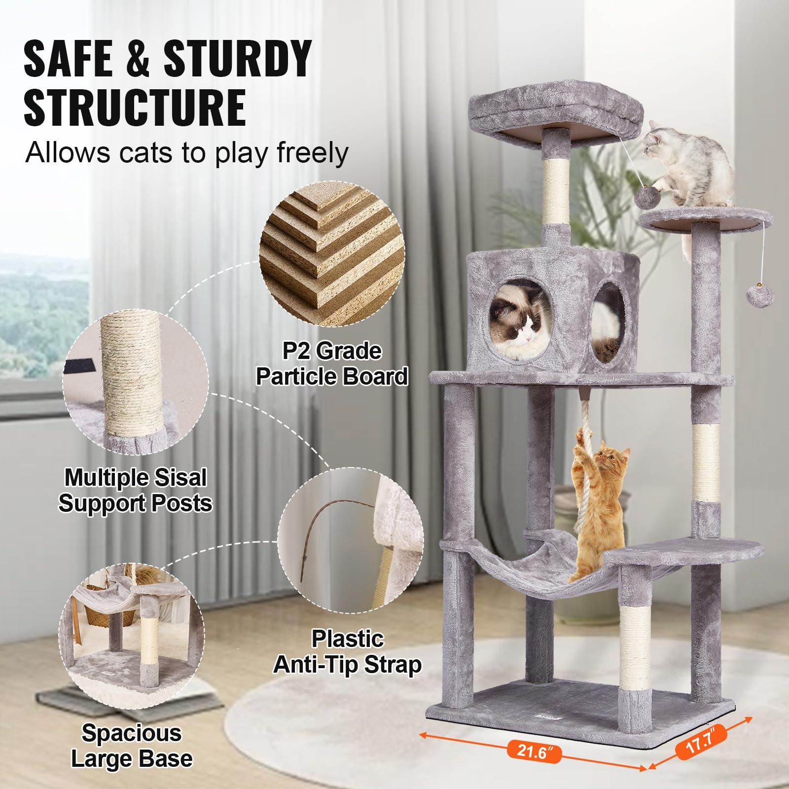 VEVOR Cat Tree 56.2 Cat Tower with Cat Condo Sisal Scratching Post Light Grey