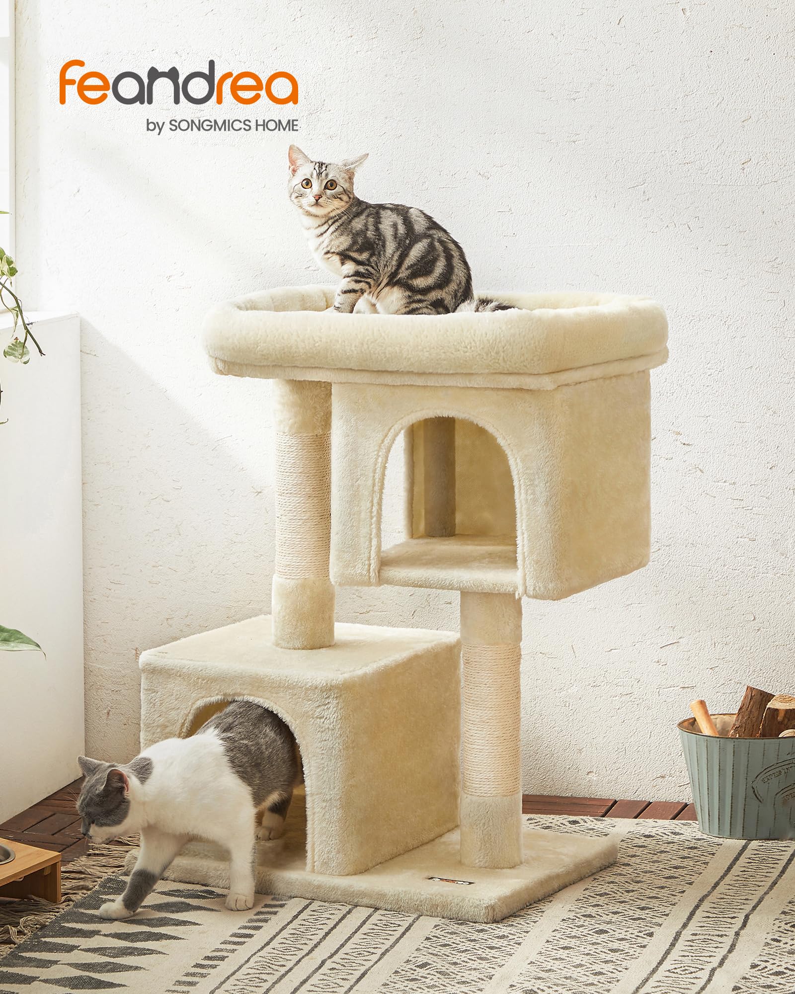 Feandrea Cat Tree, 33.1-Inch Cat Tower, L, Cat Condo for Large Cats up to 16 lb, Large Cat Perch, 2 Cat Caves, Scratching Post,