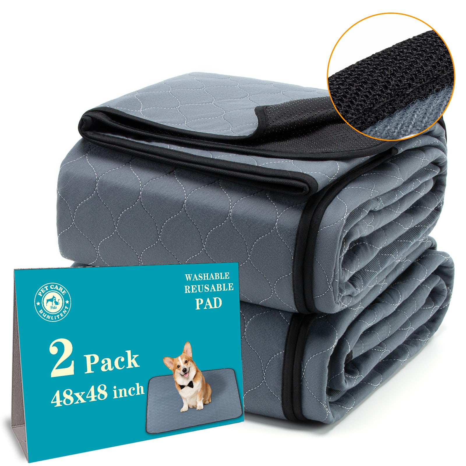 Bunlitent Washable Pee Pads For Puppy And Dog Training - 2 Pack, 48X48, Quick Dry, Anti-Slip, Whelping And Potty Pad
