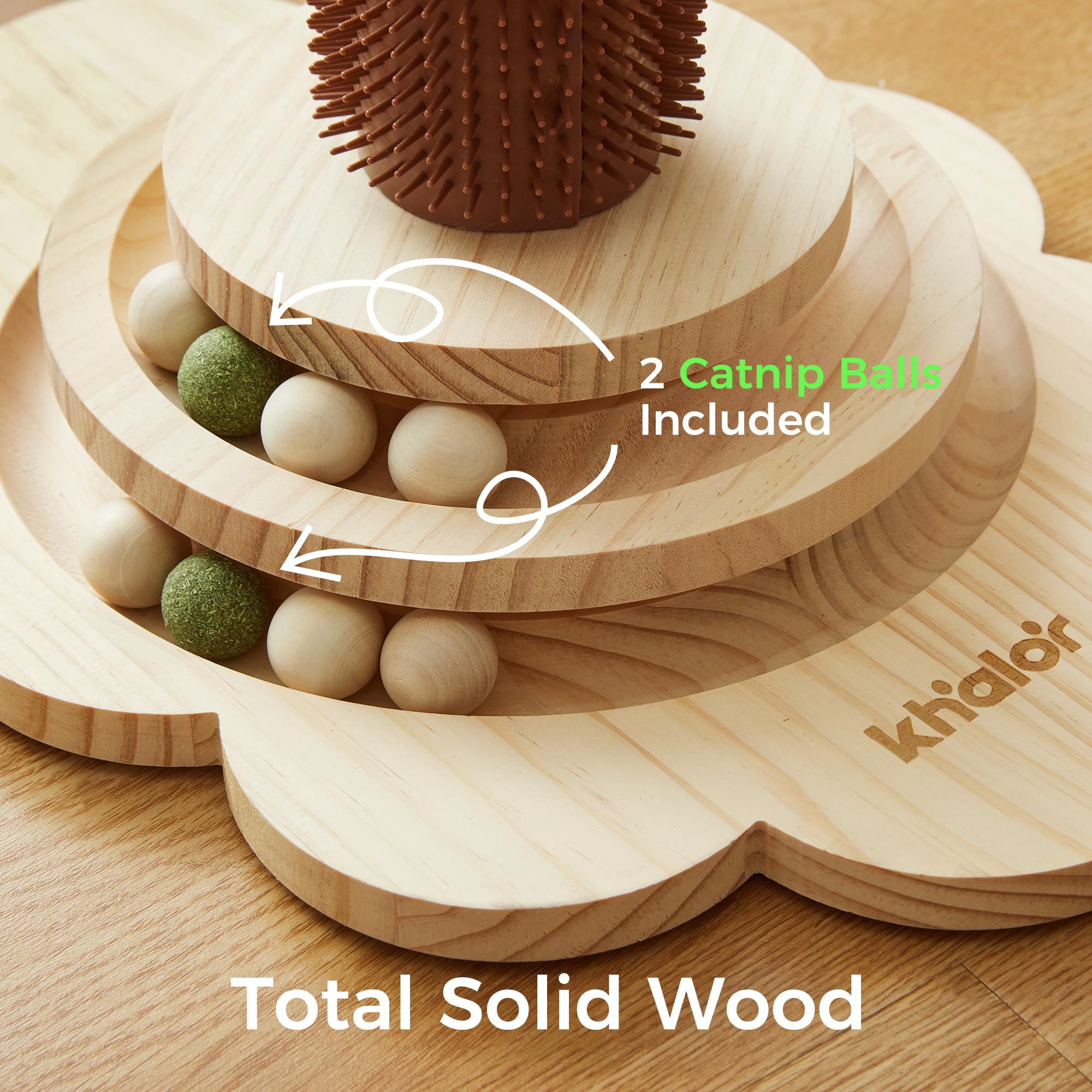 KHALOR Cat Sisal Scratching Post, 4 in 1 Wooden Cat Scratcher Toy with Groomer, 24 Tall Scratch Post with 2-Layer Interactive Tr