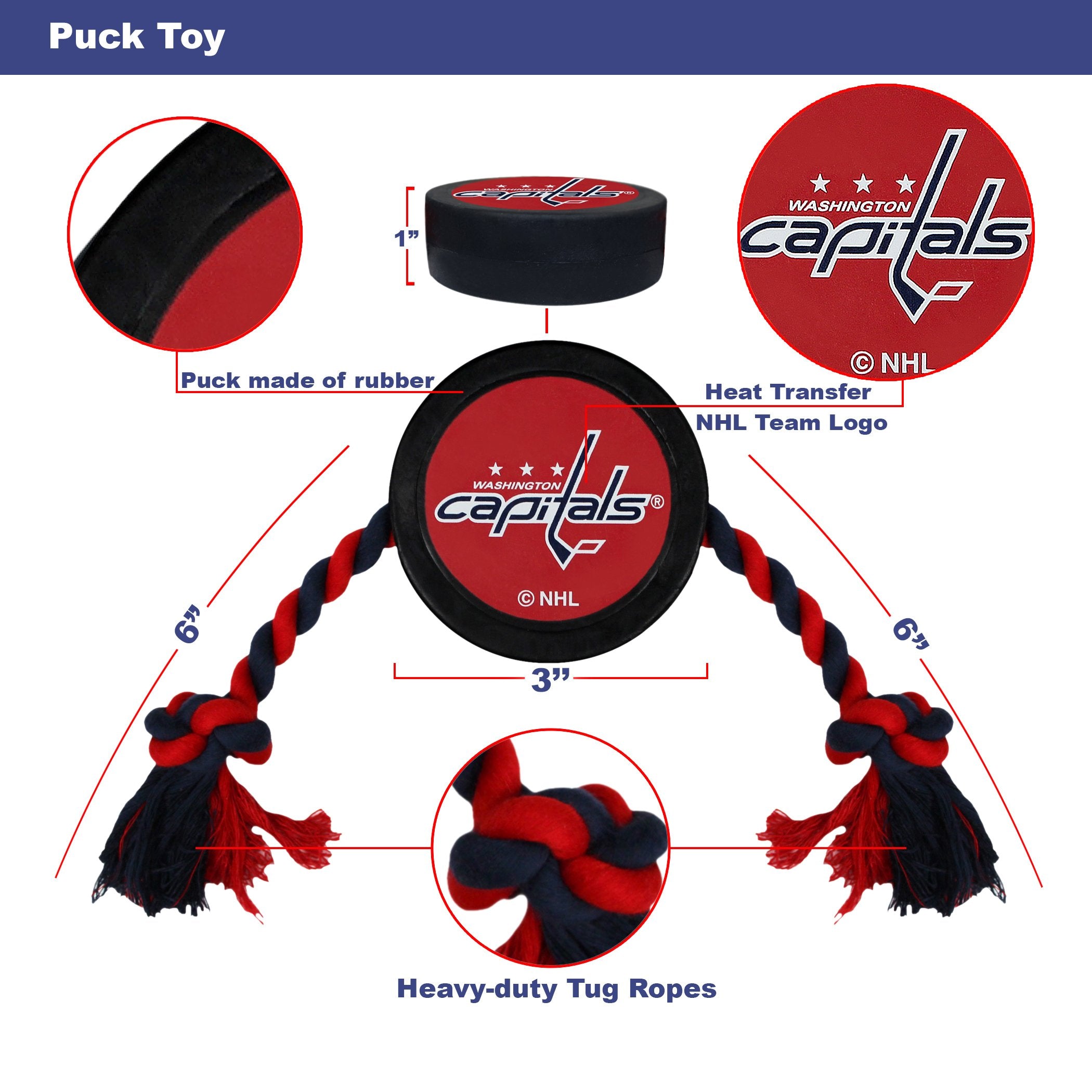 Pets First Tough Rubber Dog & Cat Puck Toy - NHL Washington Capitals Heavy-Duty Rope Tug for Dogs & Cats