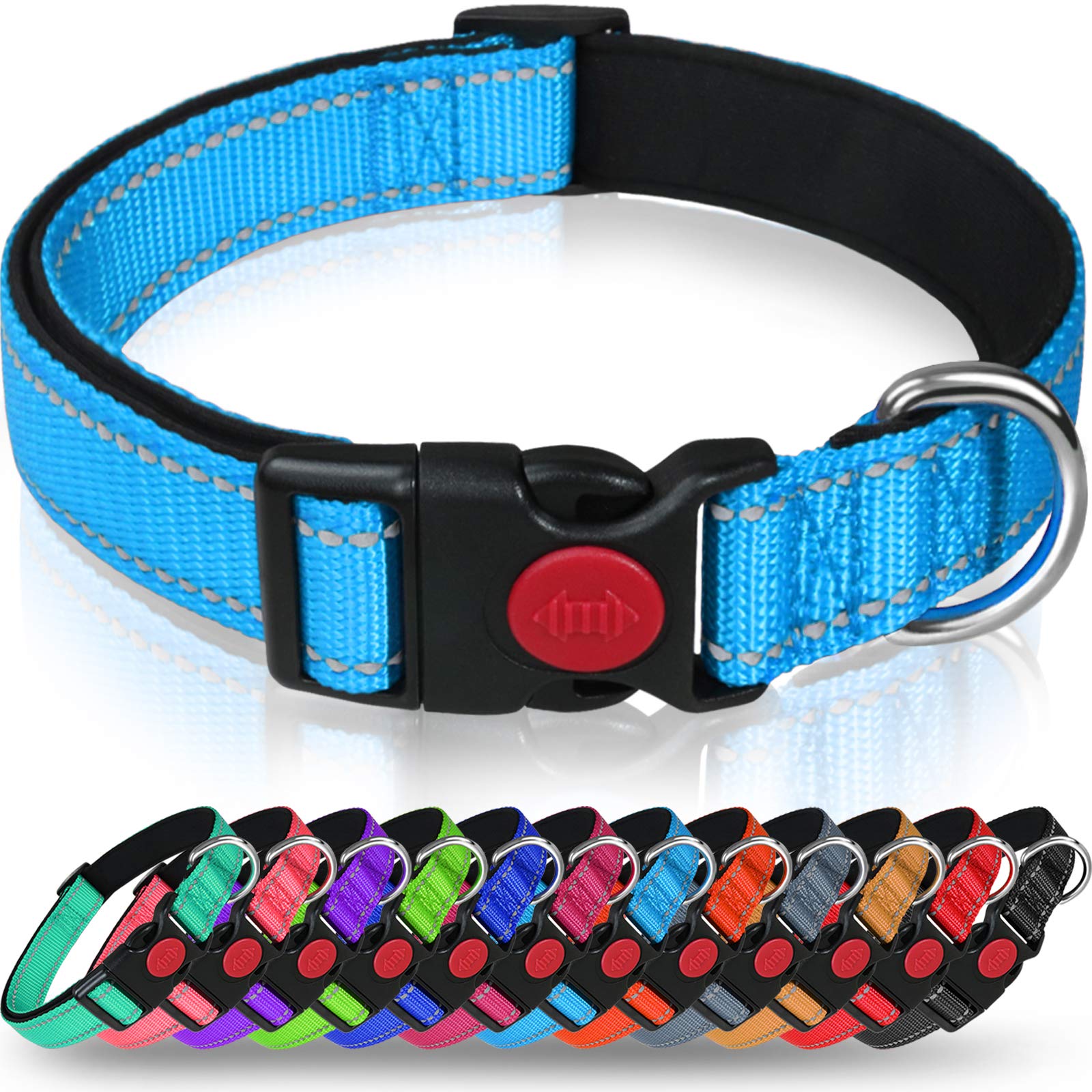 Taglory Reflective Dog Collar With Safety Locking Buckle, Adjustable Nylon Padded Pet Collars For Medium Dogs, Skyblue