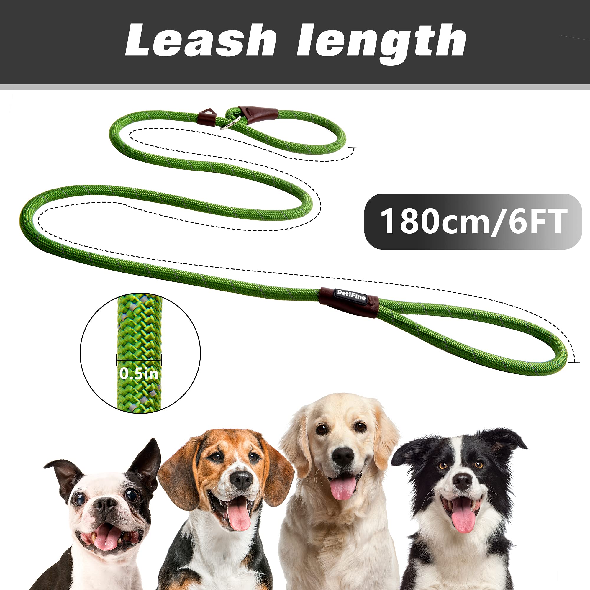 Petifine Slip Lead Dog Leash, Full Reflective Slip Knot Dog Training Leashes, Heavy Duty Adjustable Pet Nylon Slip Loop Leash For Small Medium Large Dogs(Green)
