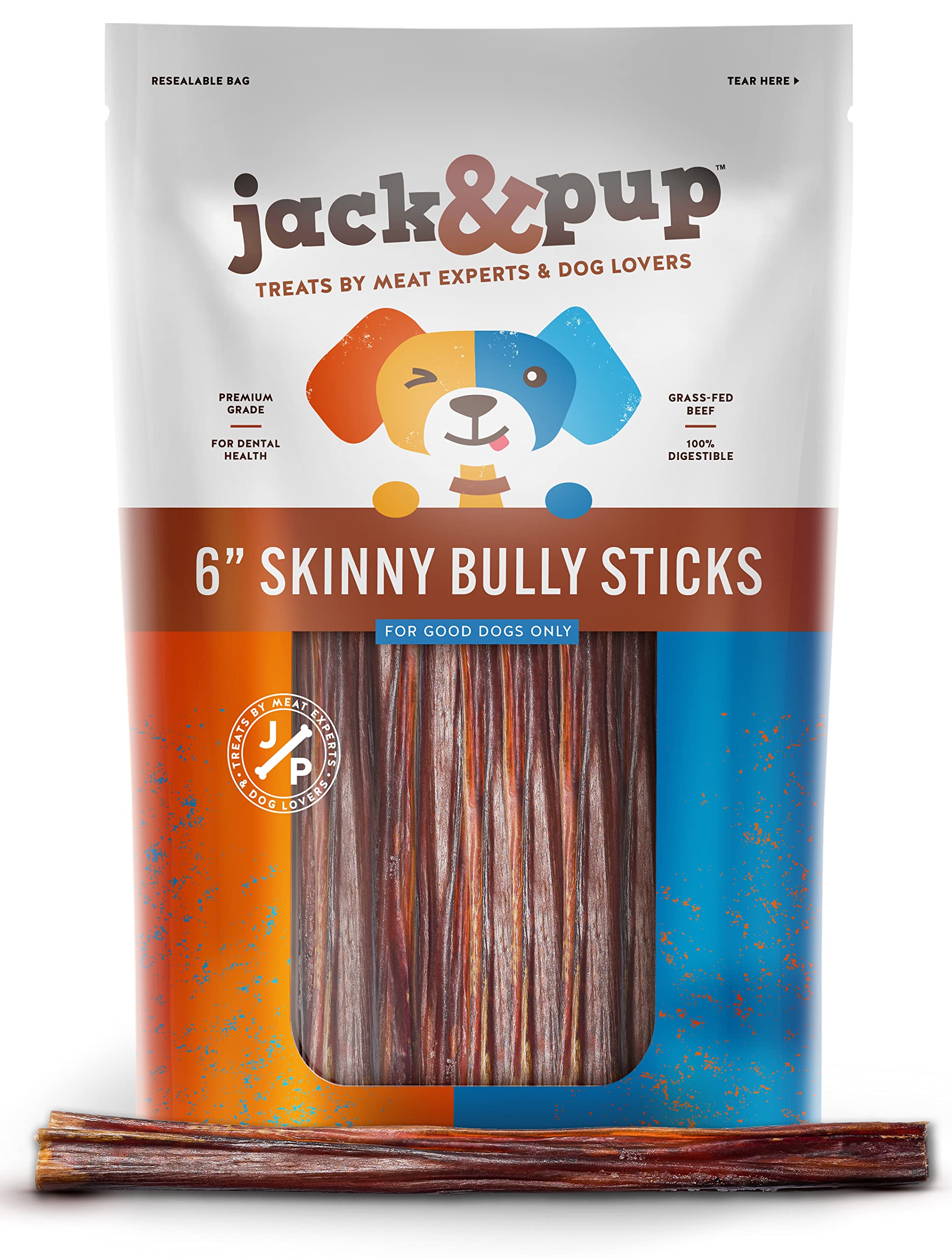 Jack&Pup 6 Inch Skinny Bully Sticks for Small Dogs (30 Pack) Thin, Odor Free Bully Sticks Sheaths | Single Ingredient Beef Pizzl