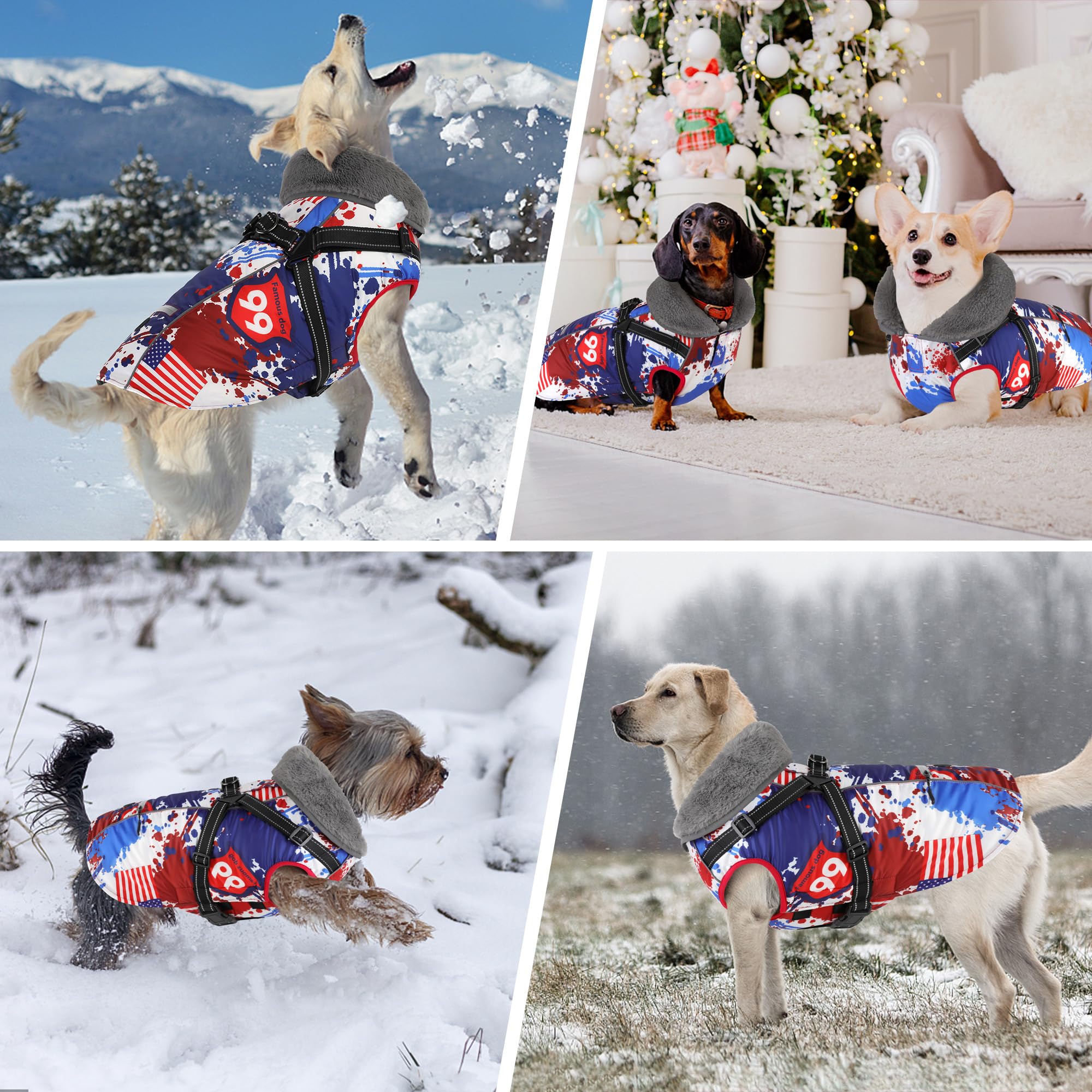 Dogcheer Dog Coat With Harness, American Flag Dog Jacket Waterproof Puppy Winter Coat With Pocket, Reflective Adjustable Pet Tur