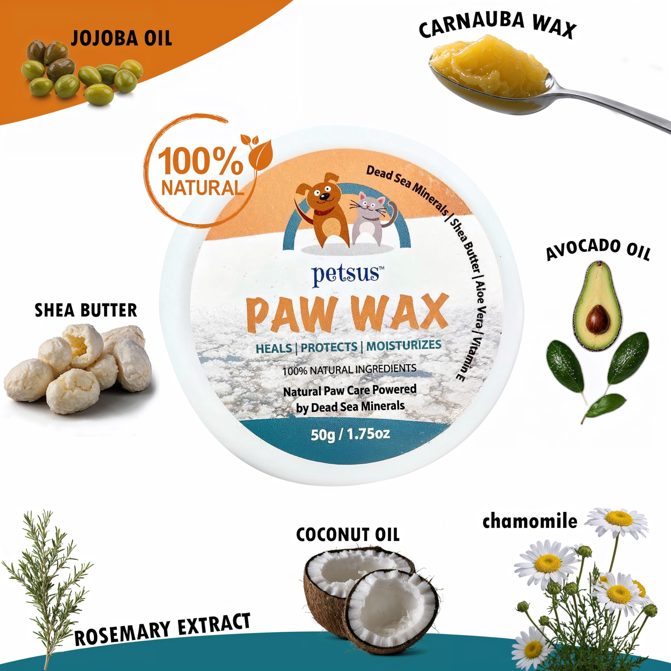 Petsus Natural Dog Paw & Nose Balm - Moisturizing Paw Wax With Dead Sea Minerals | Lick-Safe, Organic Balm For Dry, Cracked Paws