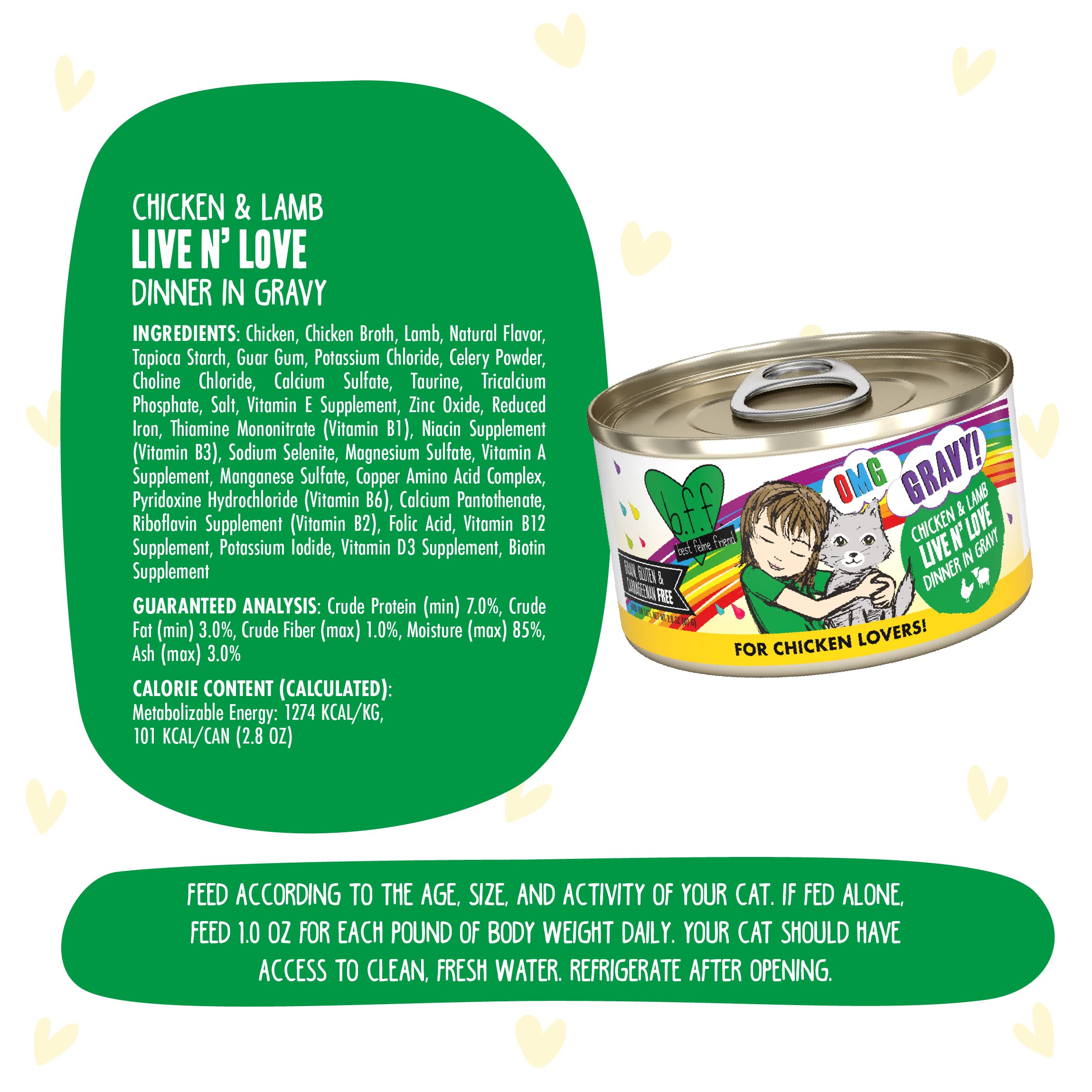Weruva B.F.F. OMG - Best Feline Friend Oh My Gravy!, Chicken & Lamb Live N Love with Chicken & Lamb in Gravy, 2.8oz Can (Pack o