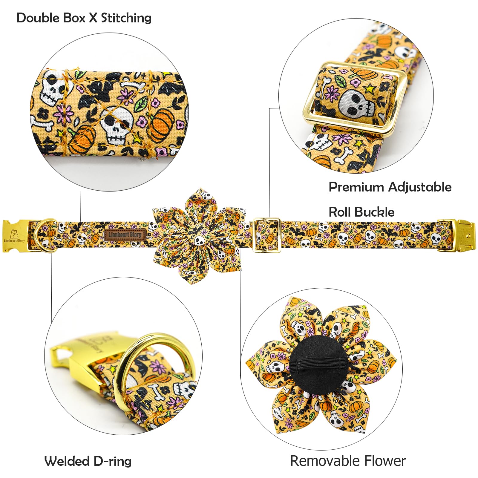 Lionheart Glory Halloween Dog Collars With Flower Fall Dog Collar Skull Collar Flowers Girl Boy Pet Collar For Small Dogs Duty Adjustable Flower Dog Collar Puppy