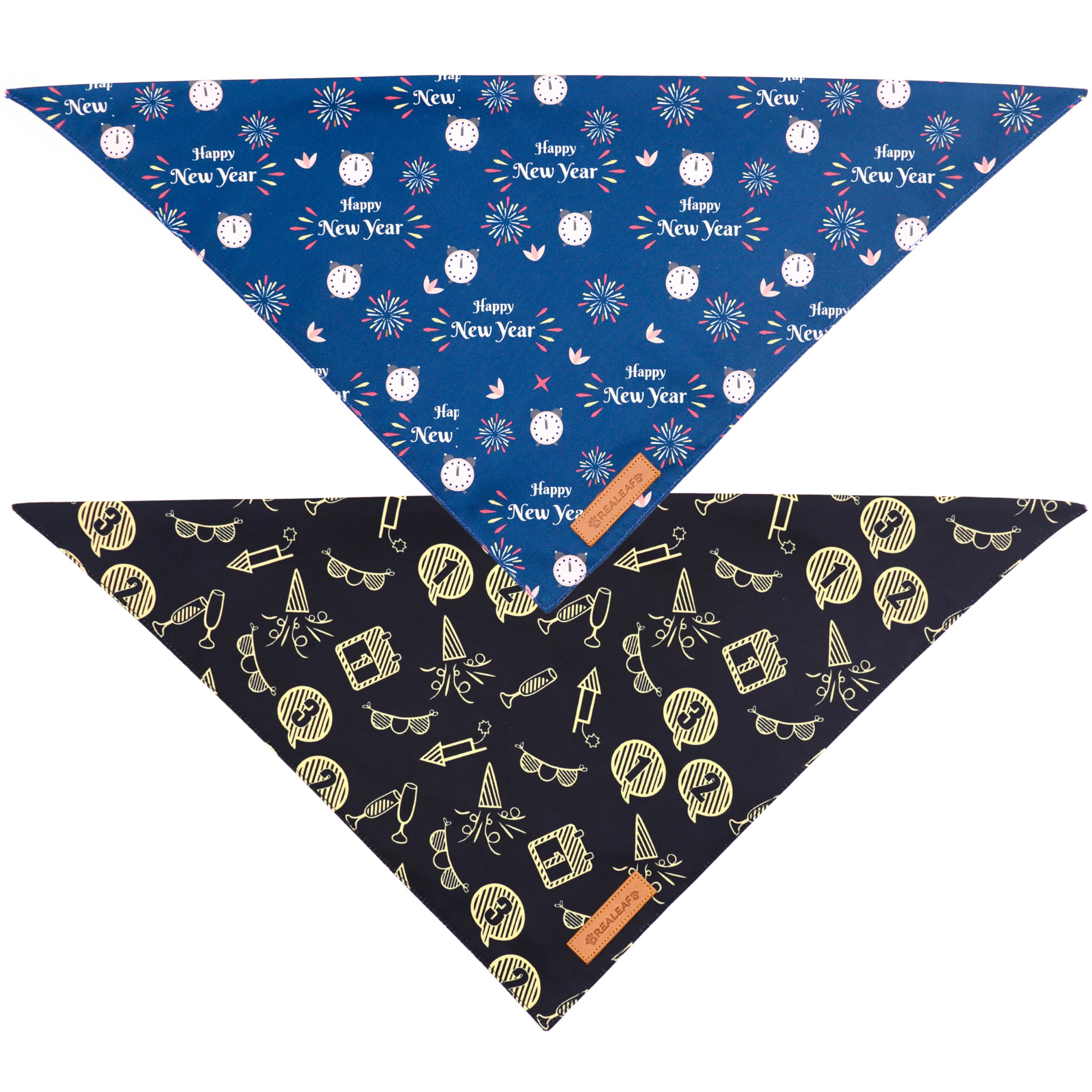 Realeaf Happy New Year Dog Bandanas 2 Pack, Reversible Holiday Pet Scarf For Boy And Girl, Premium Durable Fabric, Bandana For Small Medium Large And Extra Large Dogs (Small)