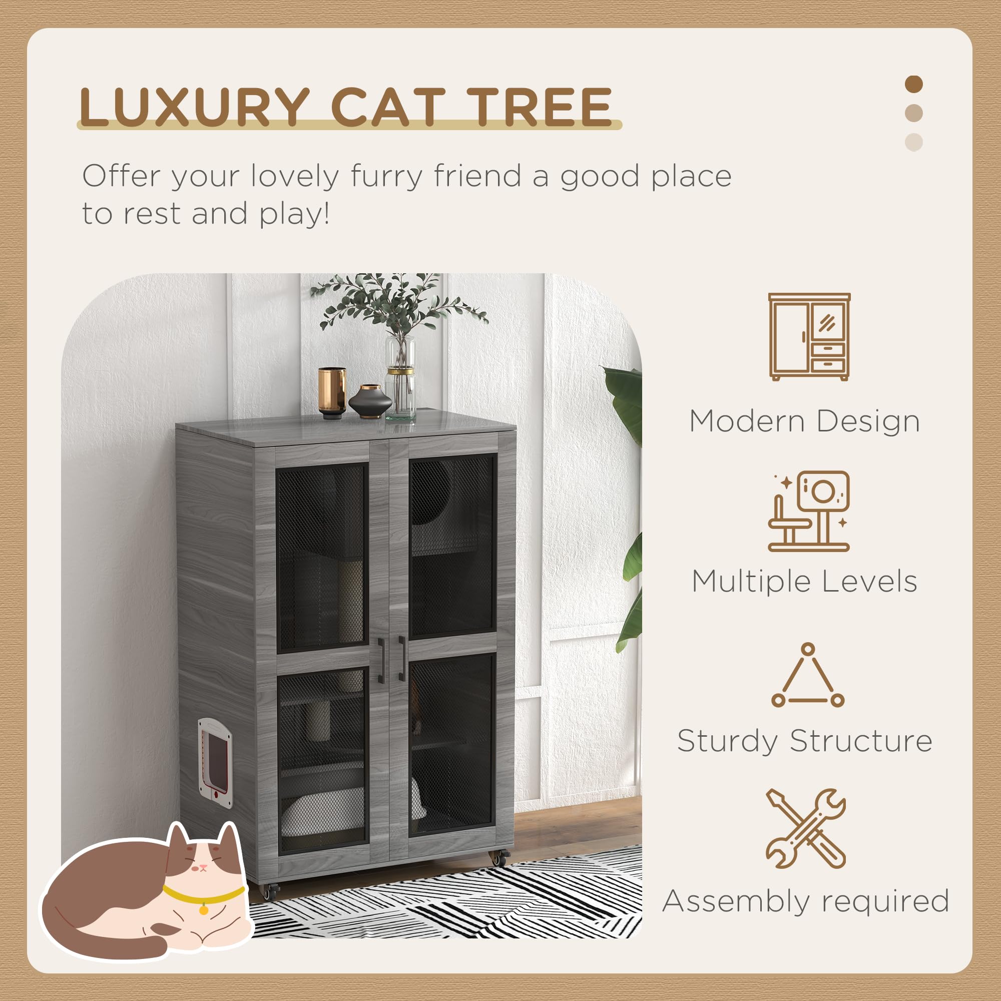 Pawhut Luxury Cat House With Wheels, Kitty Cage Catio Villa For Indoor Cats With Scratching Posts, Condo, Flap Door, Cushion, Gr