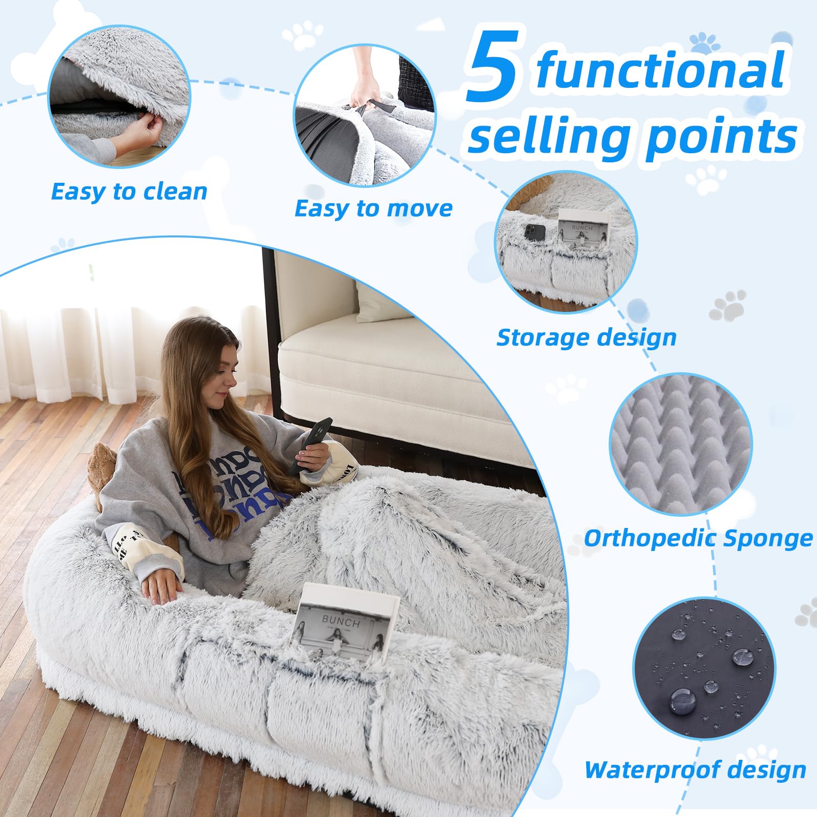 Wros Human Dog Bed, 71''X45''X12'' Size Fits You And Pets, Washable Faux Fur Dog Bed For People Doze Off, Napping Orthopedic Dog