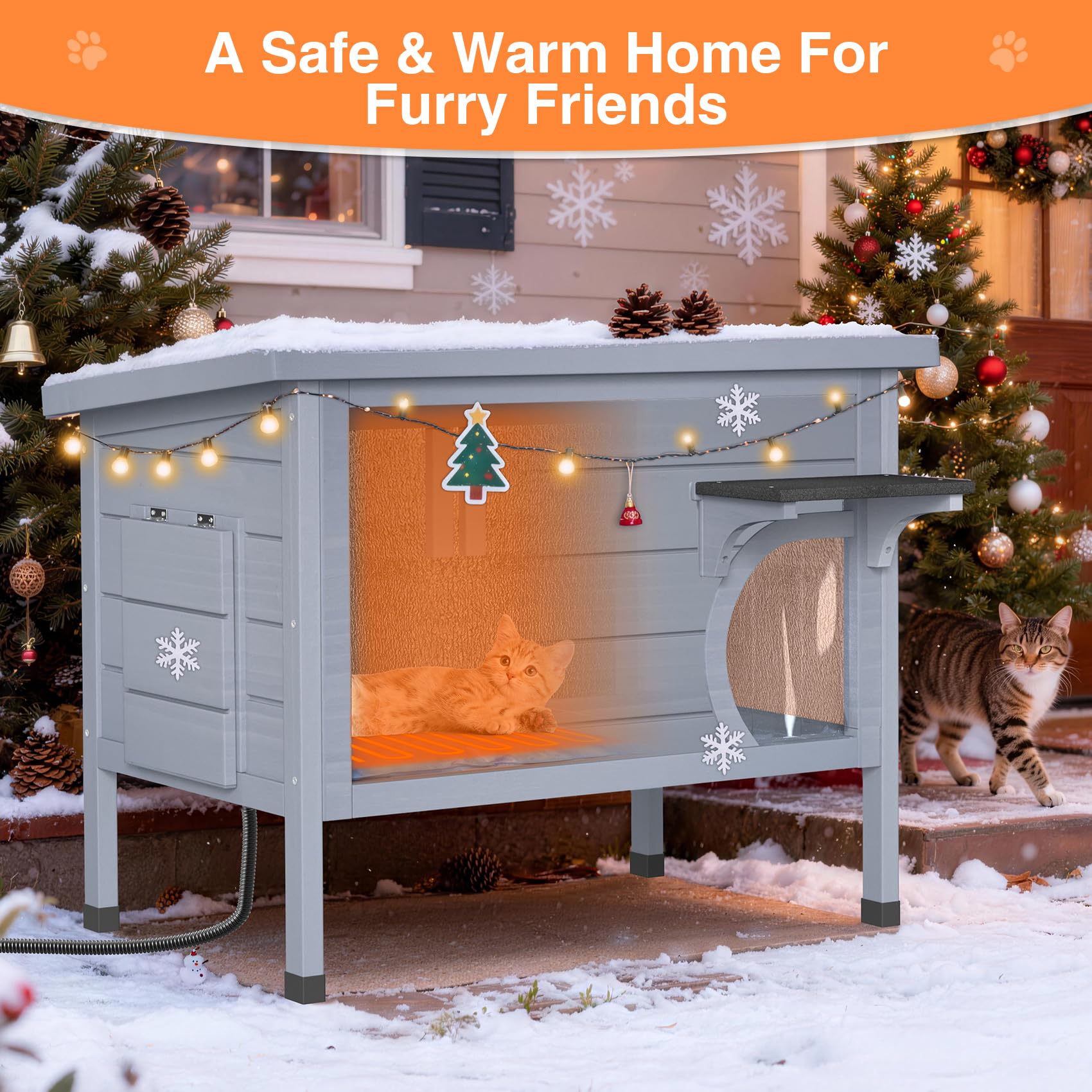 PETIMBER Outdoor Cat House - Heated Cat House for Outside, Wooden Insulated Cat Houses Outdoor, Winter Warm Cat Home Weatherproo
