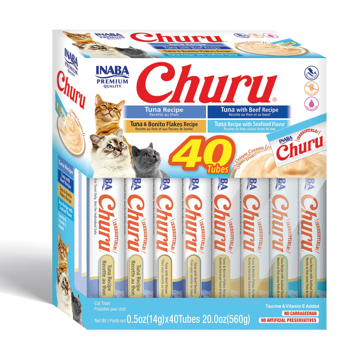 Inaba Churu Cat Treats, Grain-Free, Lickable, Squeezable Creamy Purée Cat Treat/Topper With Vitamin E & Taurine, 0.5 Ounces Each Tube, 40 Tubes, Tuna Variety Box