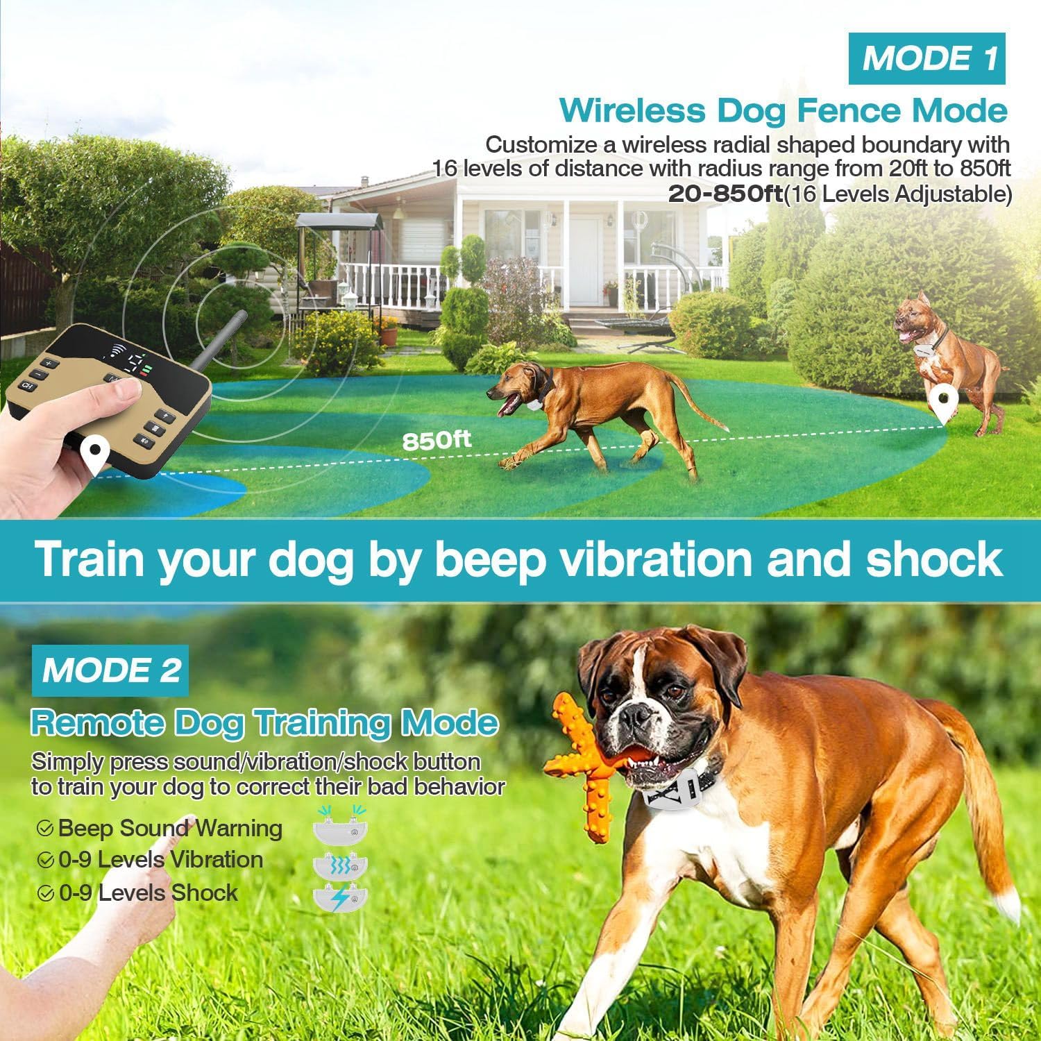 Wireless Dog Fence, 2-in-1 Electric Dog Fence System for 2 Dogs with Training Collar & Remote, IP65 Waterproof, 2024 Safety Pets