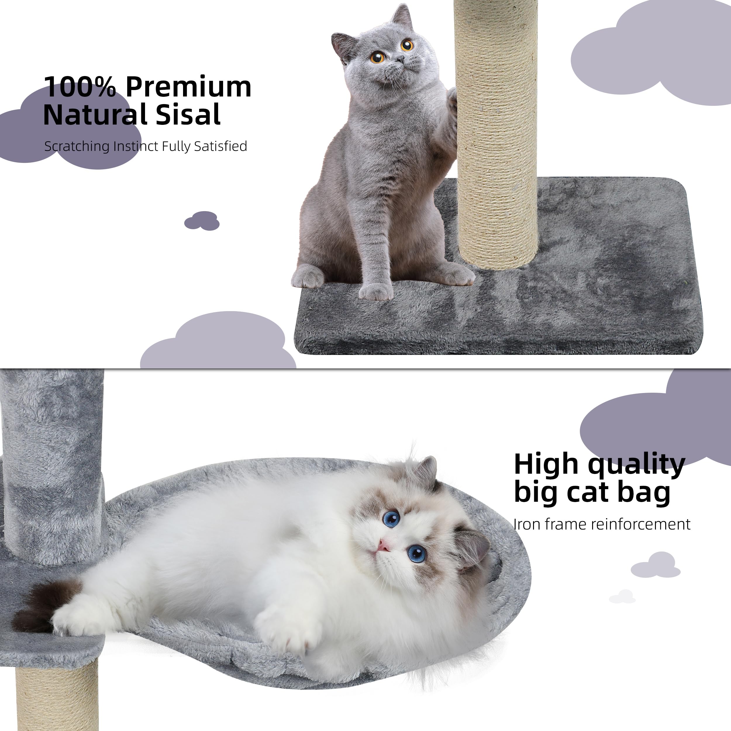 Roypet 93-116 Tall Cat Climbing Tree, 5-Tier Activity Center, Grey, with Hammock & Scratching Posts - Cat Furniture