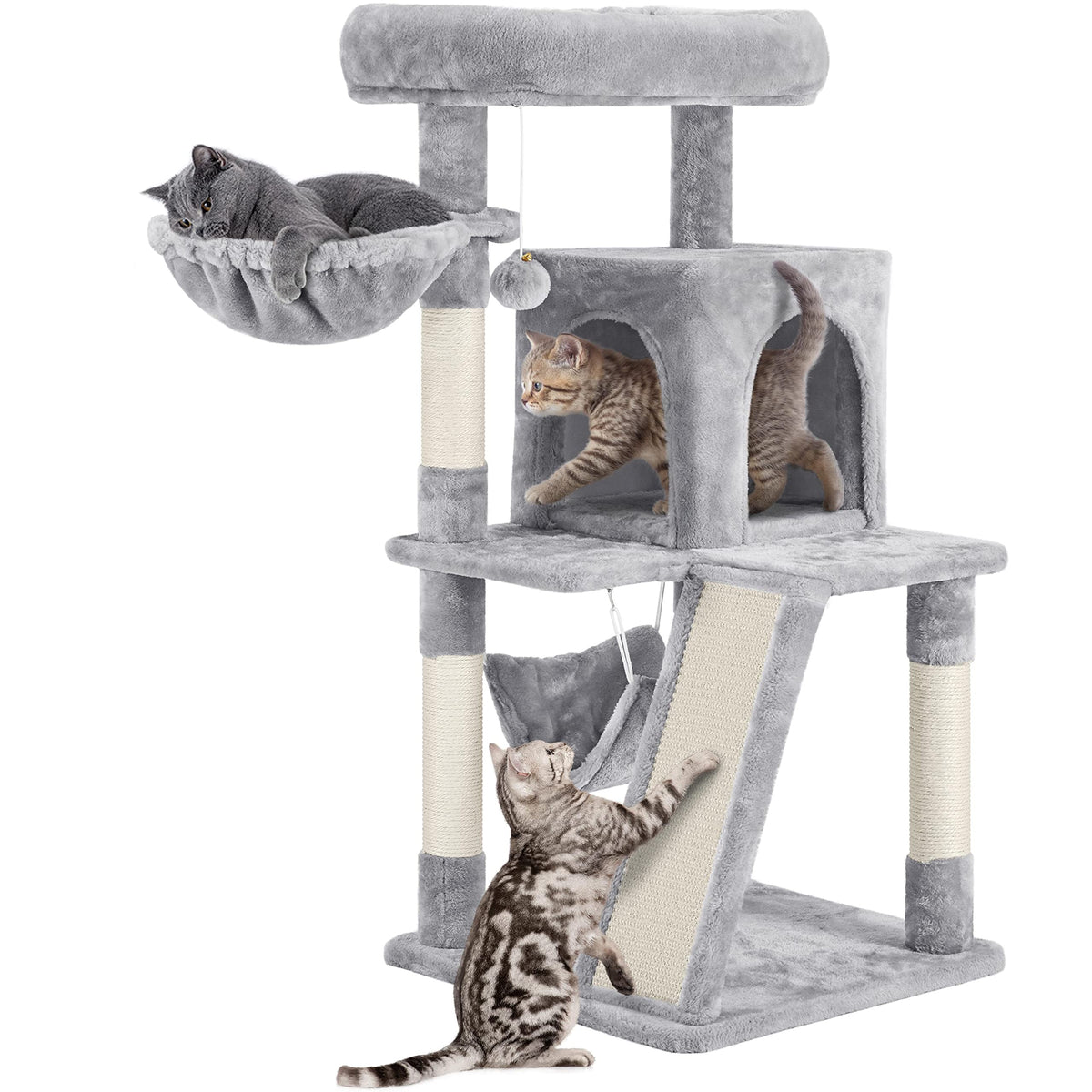 Yaheetech Cat Tree Cat Tower, 40-Inch Cat Condo With Oversized Soft Platform, Scratching Board, Basket And Hammock, Cat Furniture For Kittens Cats Pets, Light Gray