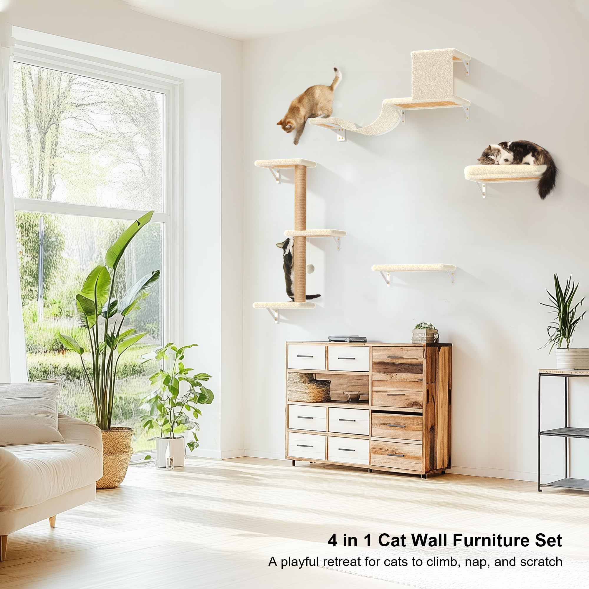Fukumaru Cat Wall Shelves, Stable & Safe 4 In 1 Large Cat Walls Furniture Set, Wooden Kitten Climbing Wall With Scratching Post