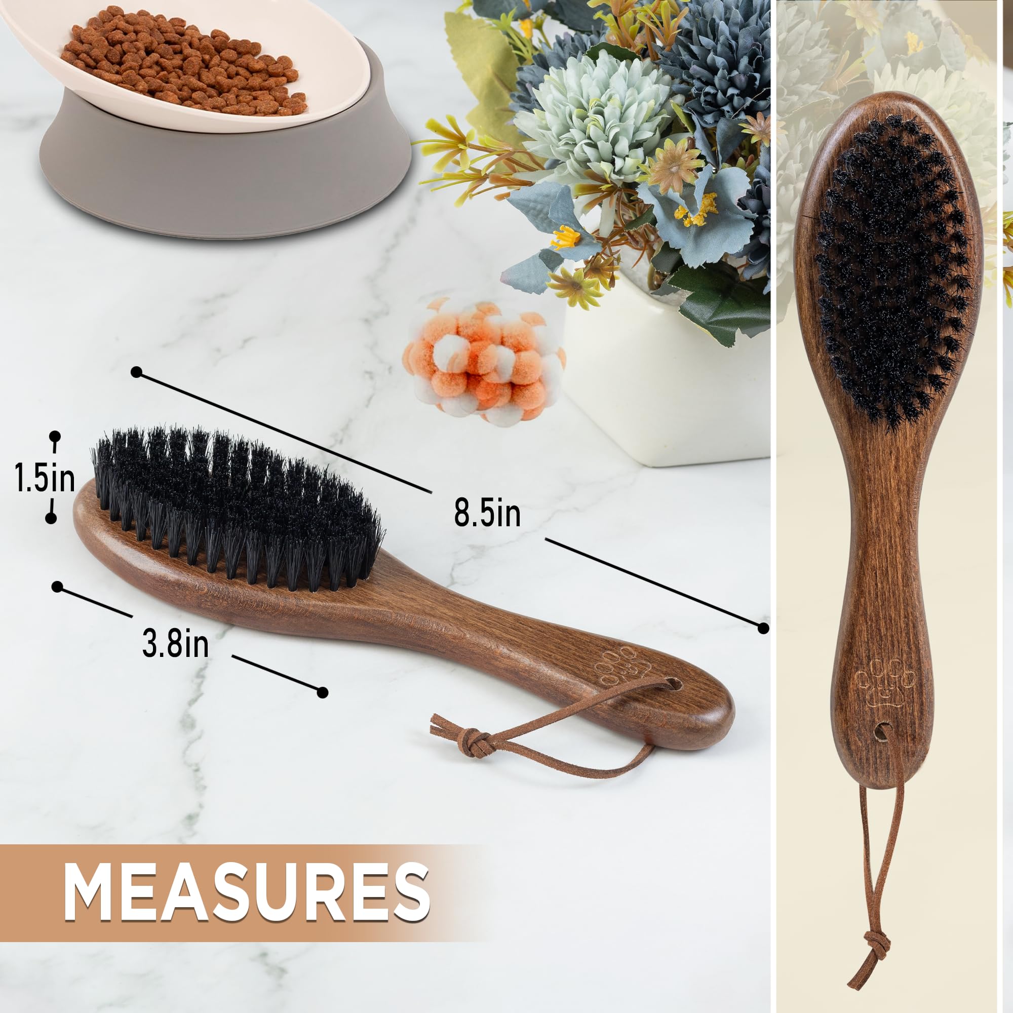Takavu Boar Bristle Cat Hair Brush, Gentle Grooming Brush With Natural Bristles And Wooden Handle For Sensitive Skin, Pet Cleani