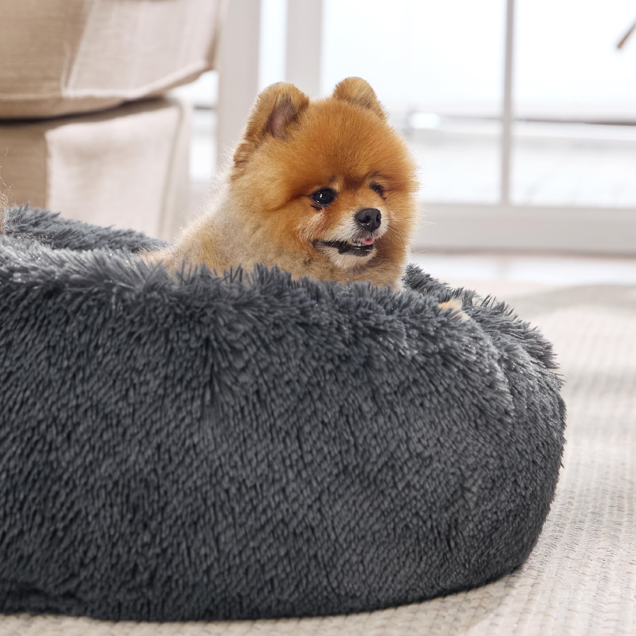 Bedsure Calming Dog Bed For Small Medium Dogs - Donut Washable Medium Pet Bed, 27 Inches Anti-Slip Round Fluffy Plush Faux Fur C