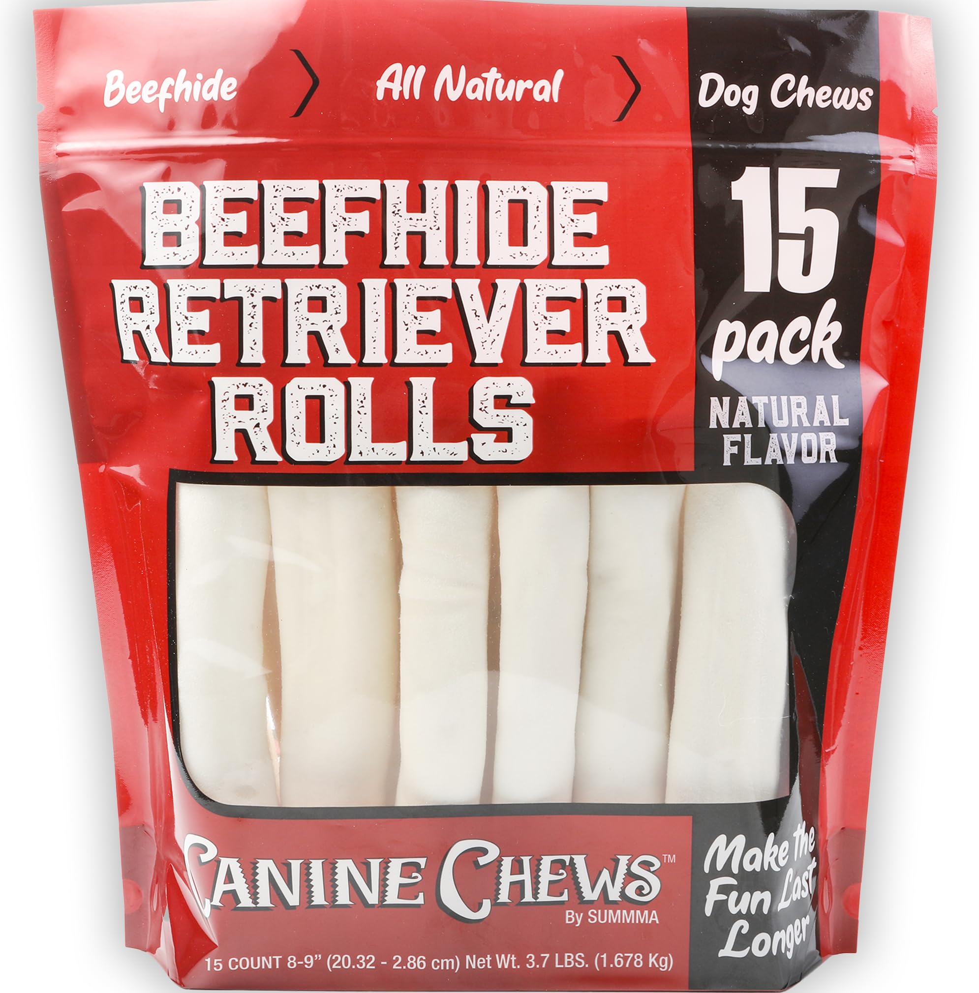 Canine Chews 8-9 Retriever Rolls for Large Dogs - Pack of 15 All-Natural Beef Hide Dog Chews for Aggressive Chewers - 3.7 lb.