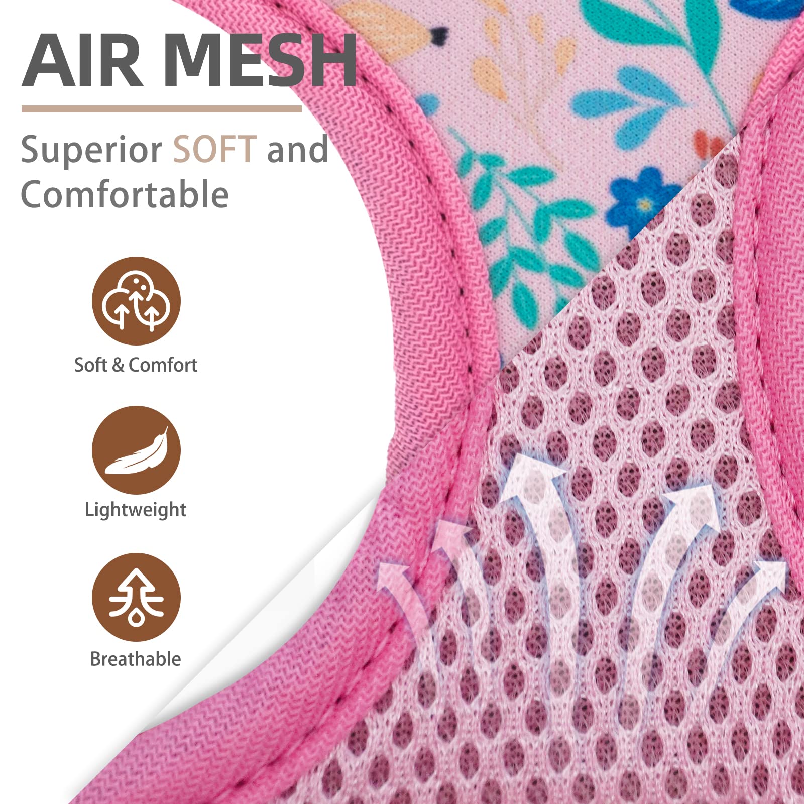 Pupteck Soft Mesh Dog Harness And Leash Set Pet Puppy Cat Comfort Padded Vest No Pull Harnesses, Pink Floral, Xs