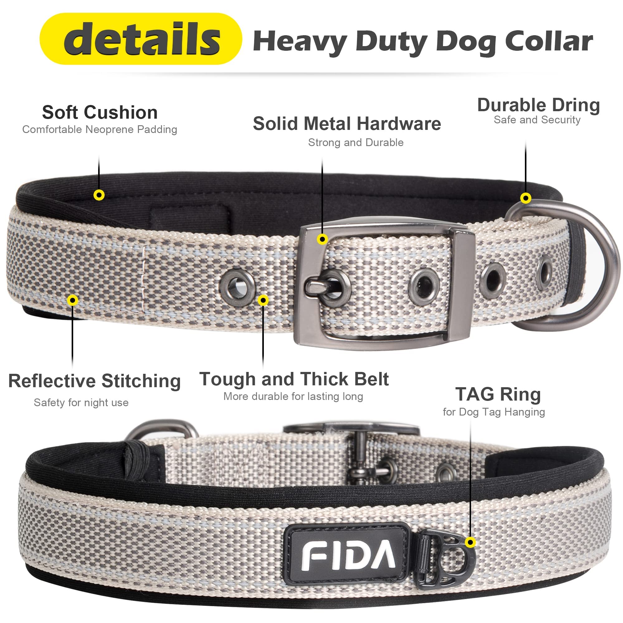 Fida Heavy Duty Dog Collar, Ultra Comfortable Soft Neoprene Padded, Adjustable Reflective Nylon Pet Collar With Durable Metal Belt Buckle For Medium Breeds (M, Grey)
