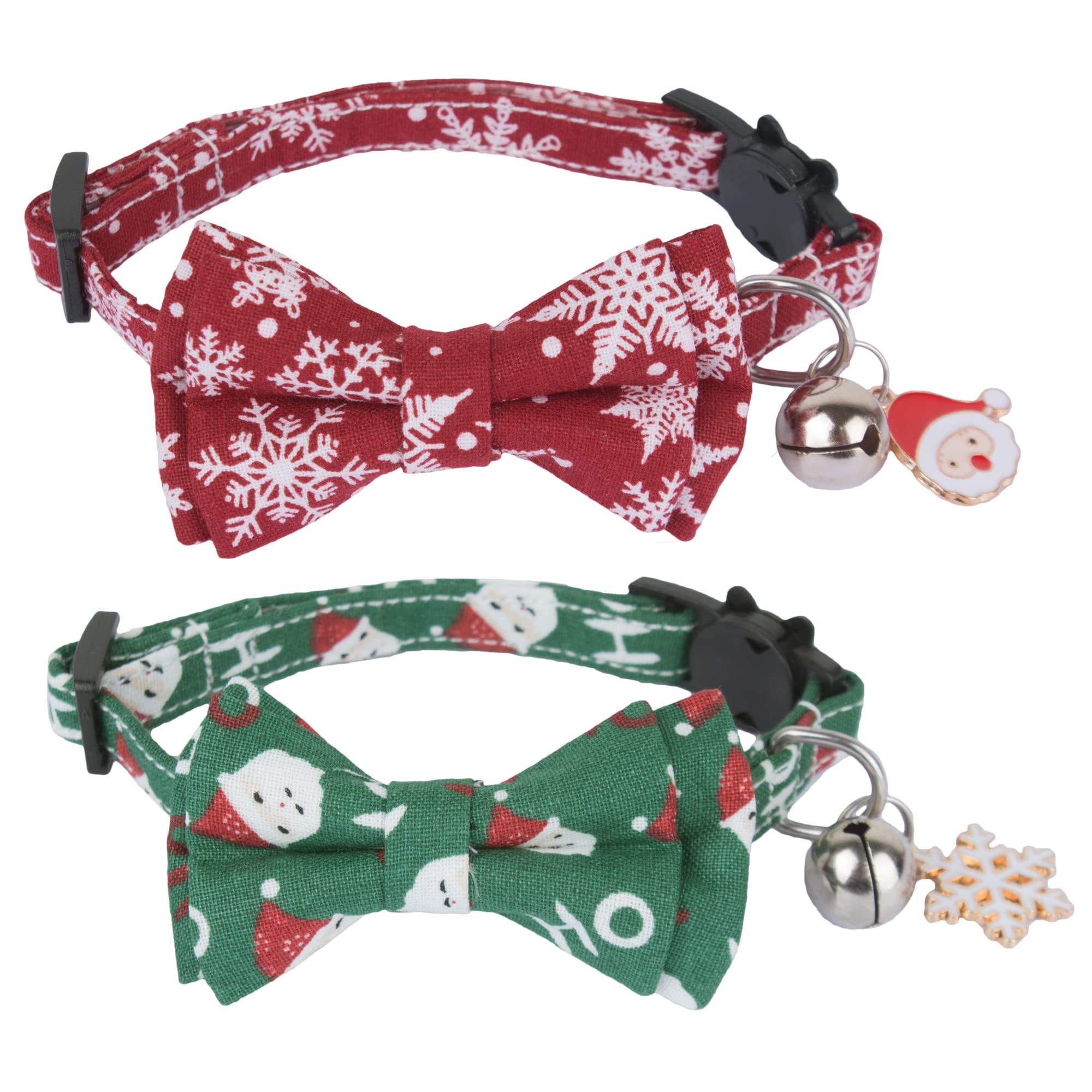 Adoggygo Christmas Cat Collars With Bowtie Bell, 2 Pack Adjustable Xmas Kitten Collar With Removable Bow, Red Green Christmas Co