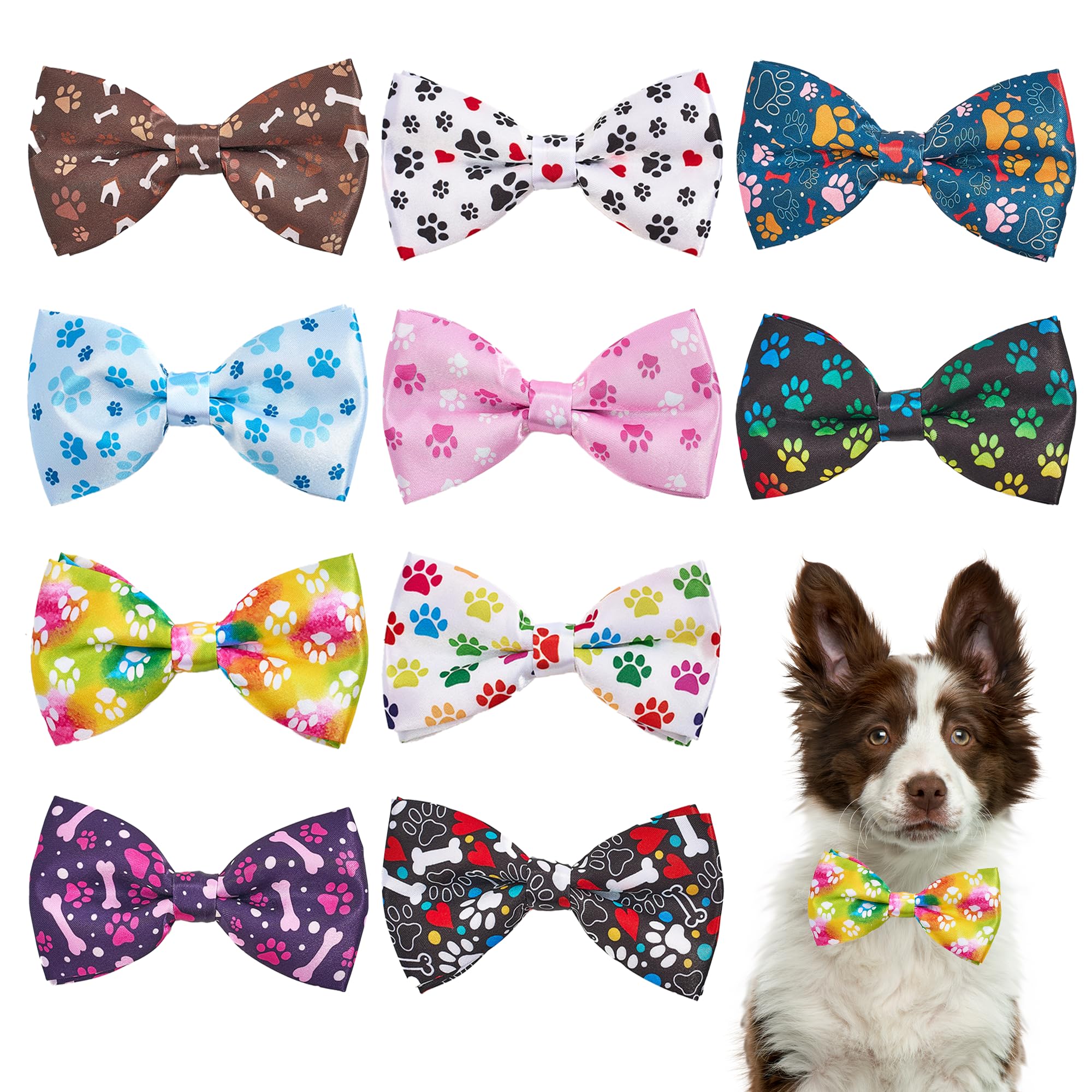 Pet Show 10Pcs Paw Pattern Large Dog Bow Ties For Medium Big Detachable Dogs Bowties With Elastic Bands Attach To Collar Pet Gro