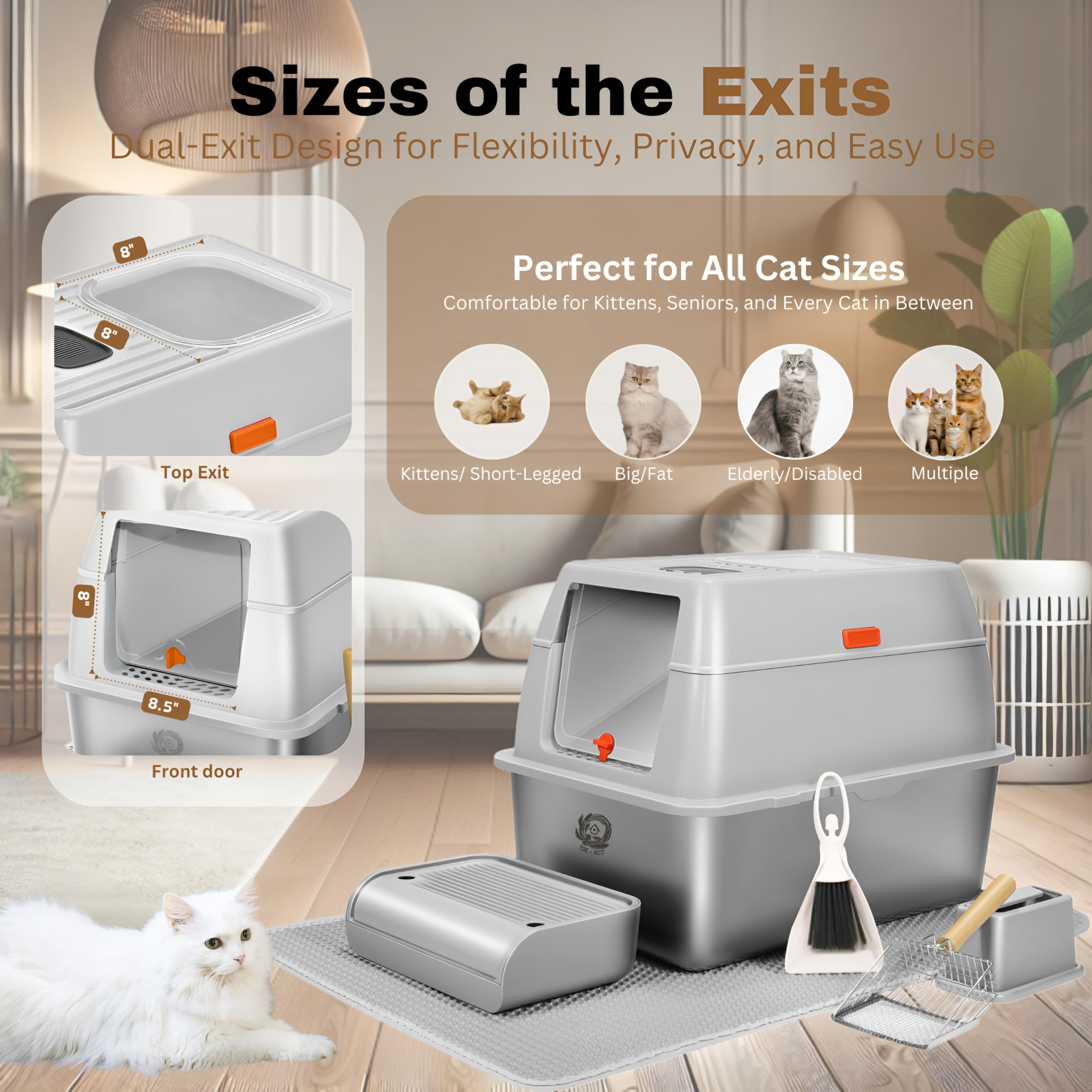 Fully Enclosed Xxl Stainless Steel Litter Box With Lid, 8    Deep Pan, Large Stainless Steel Cat Litter Box For Big Cat With Sco