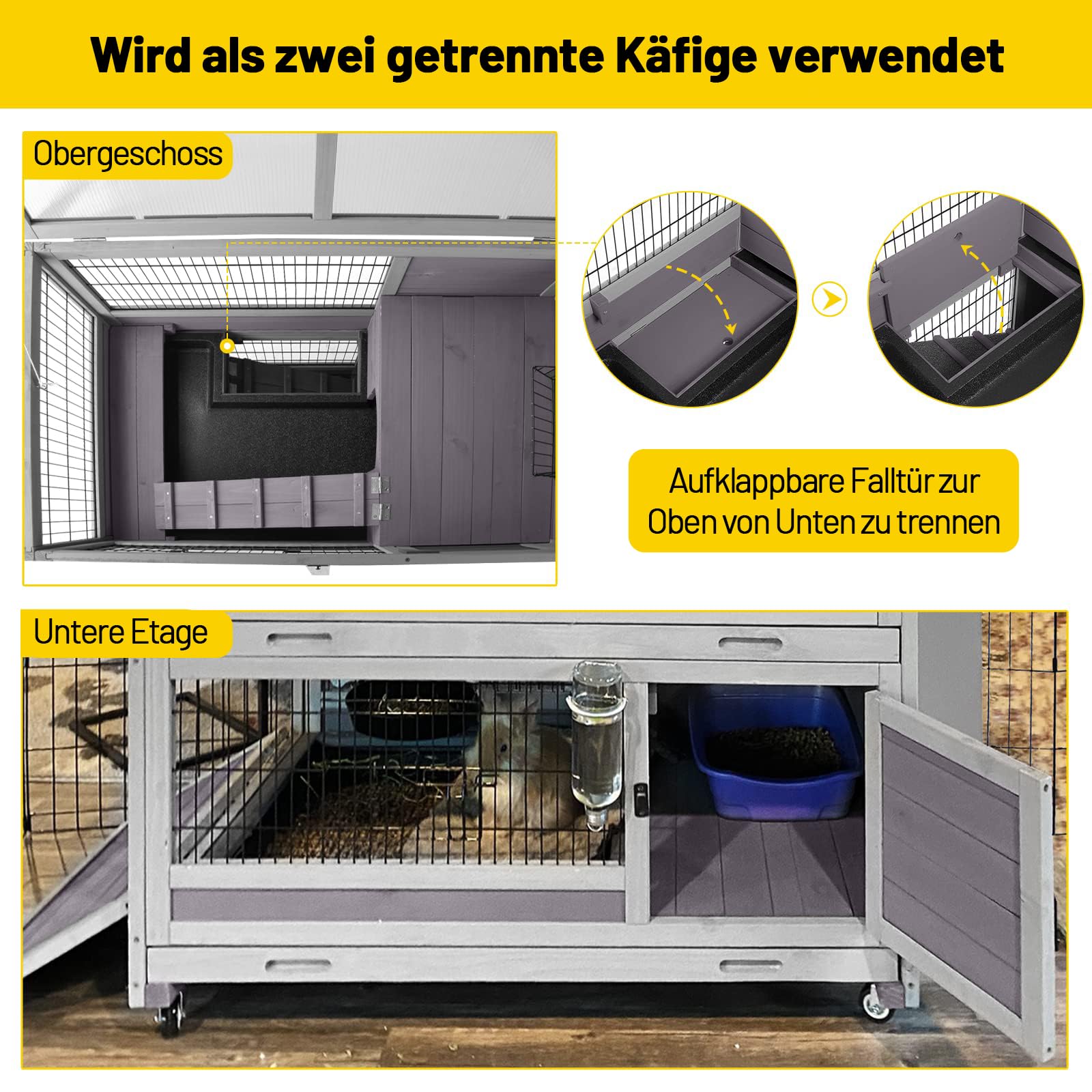 Aivituvin Rabbit Hutch Rabbit Cage Outdoor & Indoor On Wheels Bunny Cage With Deep No Leak Pull Out Tray,Upgrade Version (Gray)