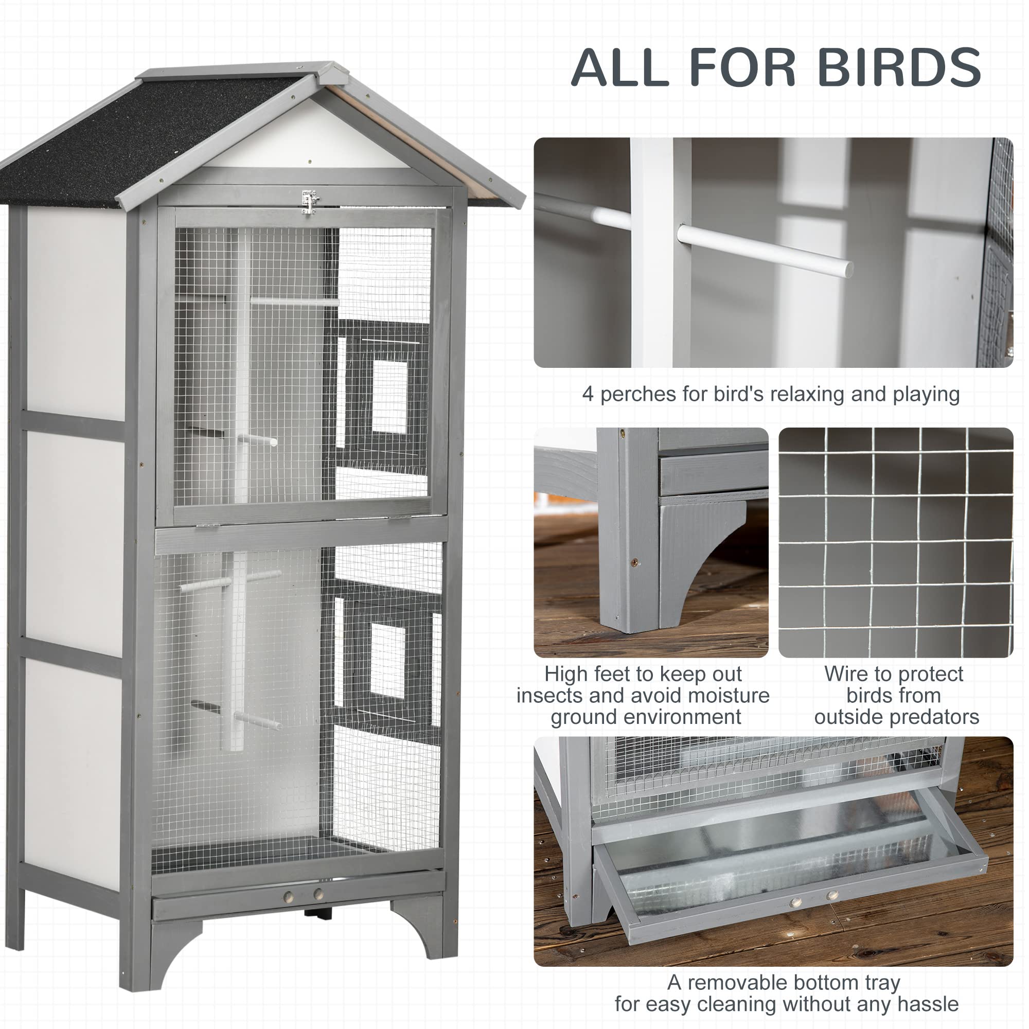 Pawhut 60' Wooden Outdoor Bird Cage For Finches, Parakeet, Large Bird Cage With Removable Bottom Tray 4 Perch, Light Gray