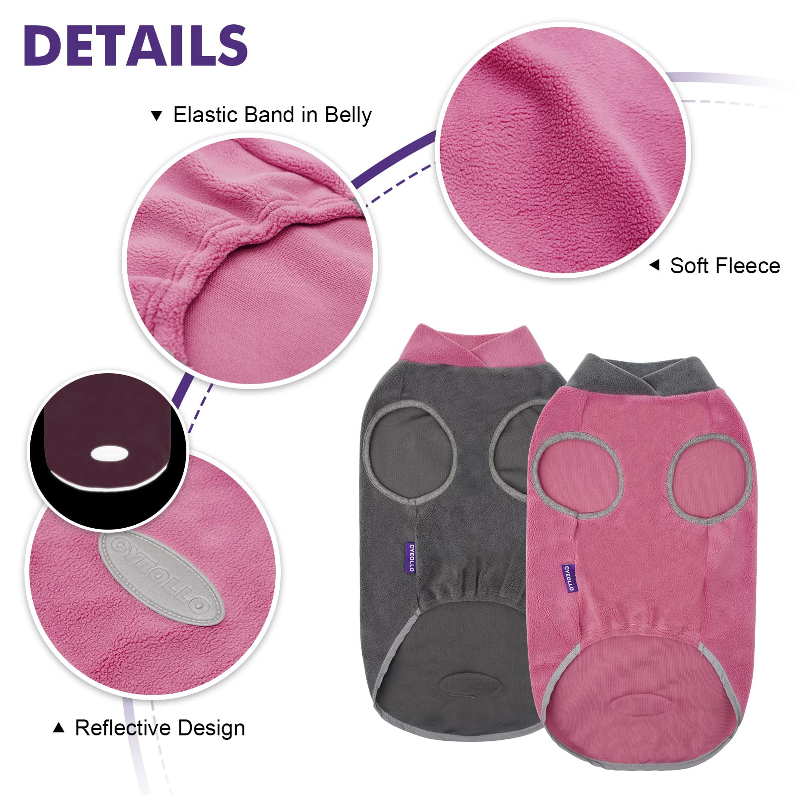 Cyeollo 2 Pack Fleece Dog Sweater With Reflective Stripe Pullover Sweatshirt Stretchy Lightweight Sweaters Dog Clothes Coats For Small Dogs Size M Pink & Grey