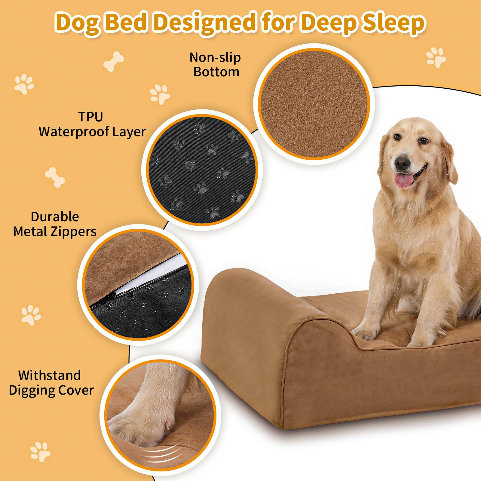 Rainmr 7 Inch Orthopedic Dog Bed For Large Dogs - Microsuede Cover/Waterproof Inner Case - With 4 Inch Headrest Memory Foam Dog