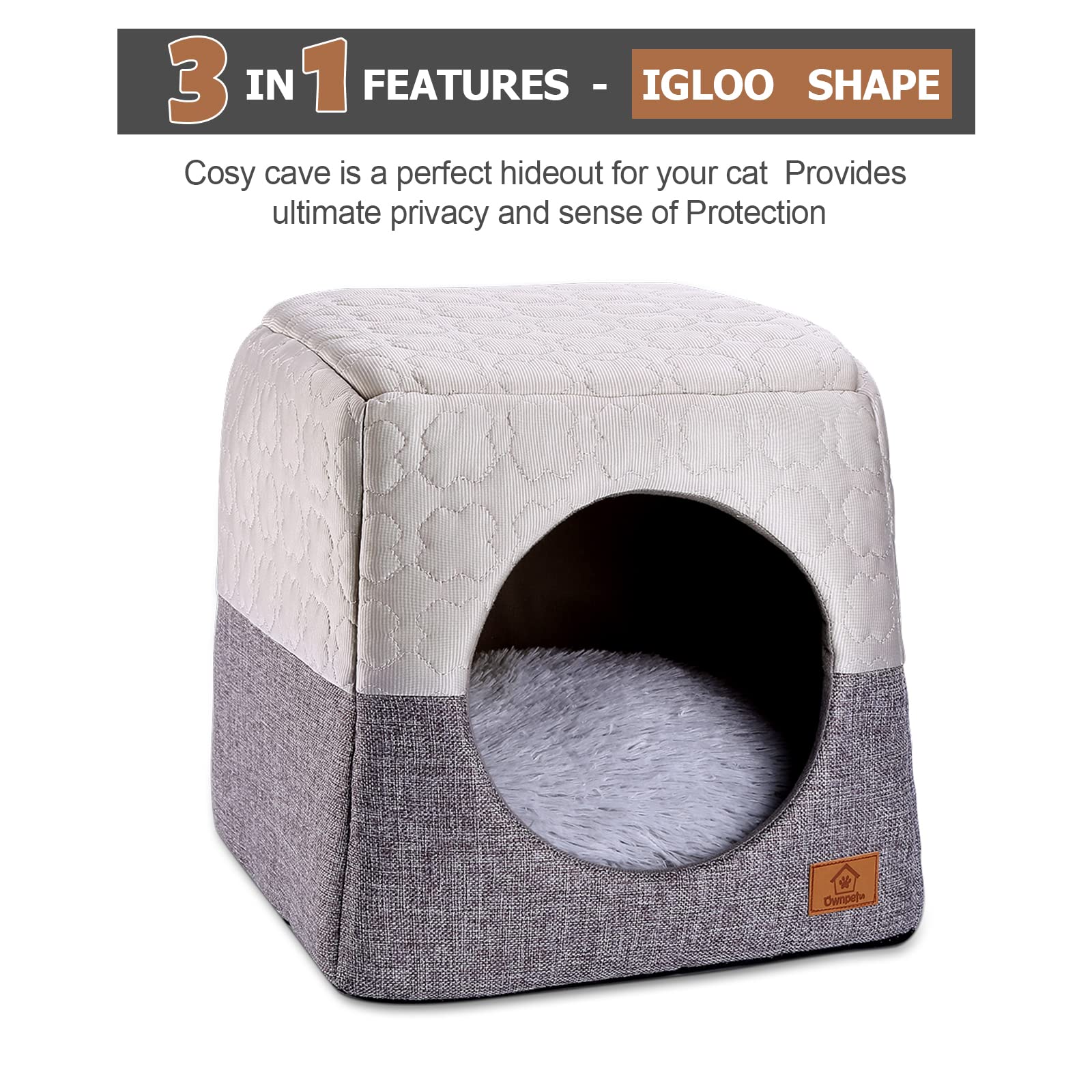 Ownpets Cat Bed For Indoor Cats, 3-In-1 Foldable Cat Cave Bed Cat Houses With Removable Washable Cushion Soft And Self Warming C