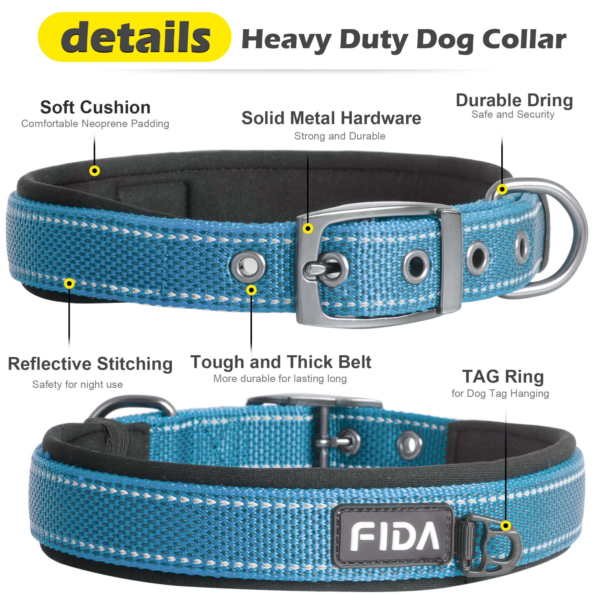 Fida Heavy Duty Dog Collar, Ultra Comfortable Soft Neoprene Padded, Adjustable Reflective Nylon Pet Collar With Durable Metal Belt Buckle For Small Breeds (S, Blue)