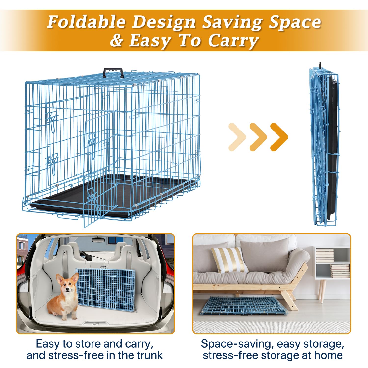 Folding Dog Crate 36'' Metal Portable Outdoor Double Door Wire Large Cat Pet Dog Cage Kennel With Abs Tray Lc & Divider, Blue