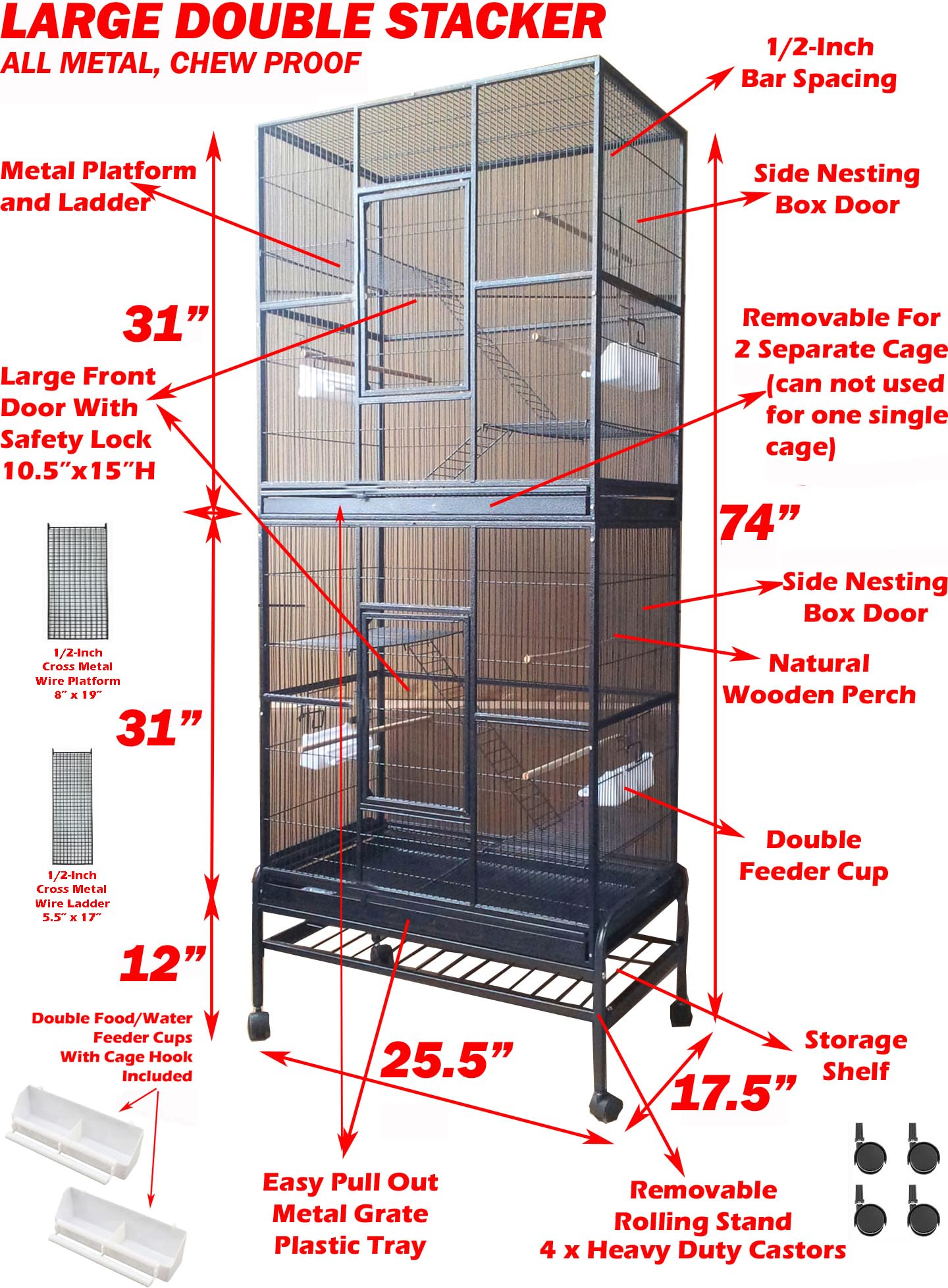 74'' Large Double Stackable Wrought Iron Tight 1/2-Inch Bar Spacing Chew-Proof Separate Cages For Ferret Chinchilla Sugar Glider