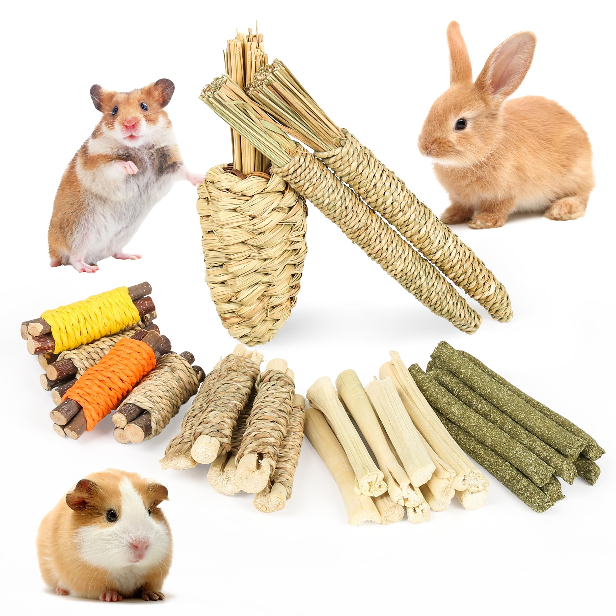 Wookiwuki Rabbit Toys 33Pcs, Natural Hay Hamster Chew Toys For Teeth, Handmade Dried Sweet Teething Grass Sticks Watercress Carr