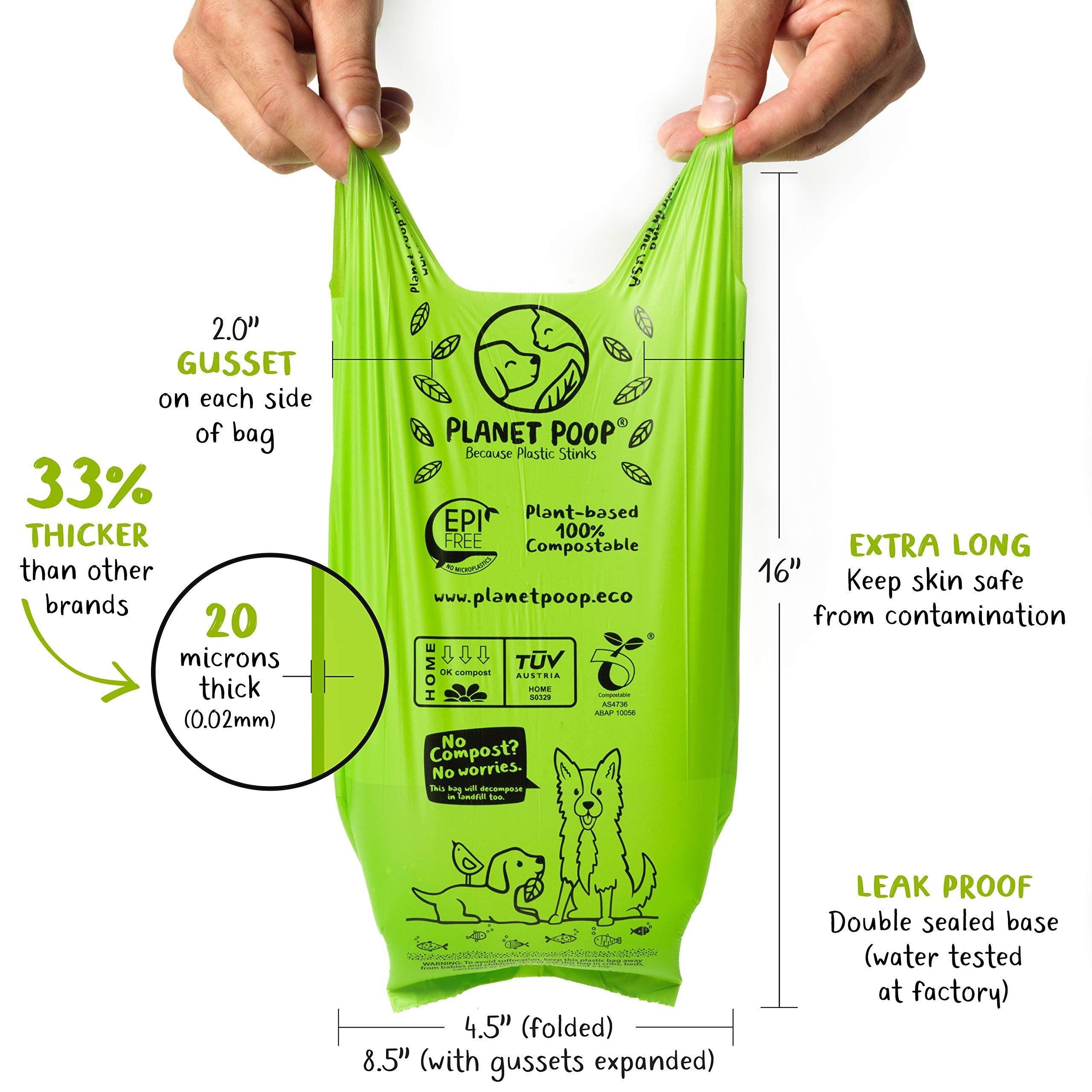 Planet Poop Home Compostable Dog Poop Bags Extra Long With Handles | Large Single Roll 200 Grab & Go | Un-Scented Dog Waste Bag