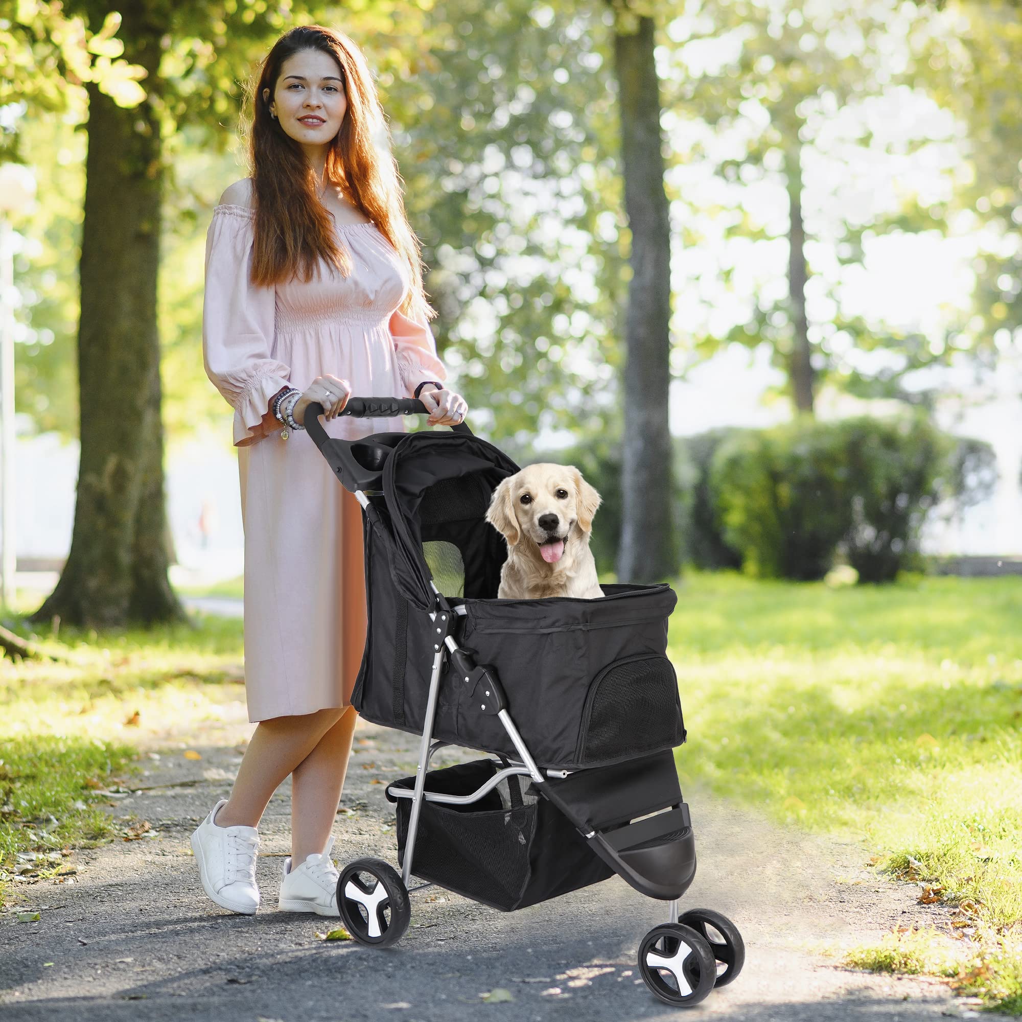 Lemy Foldable Pet Puppies Stroller For Cats And Dogs, 3 Wheels Travel Pet Carrier W/Weather Cover, Storage Basket And Cup Holder