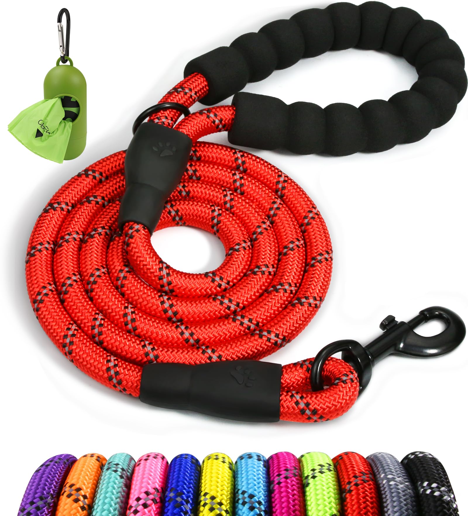 Taglory Rope Dog Leash 5 Ft With Comfortable Padded Handle, Highly Reflective Threads Leash For Medium Large Dogs, 1/2 Inch, Red