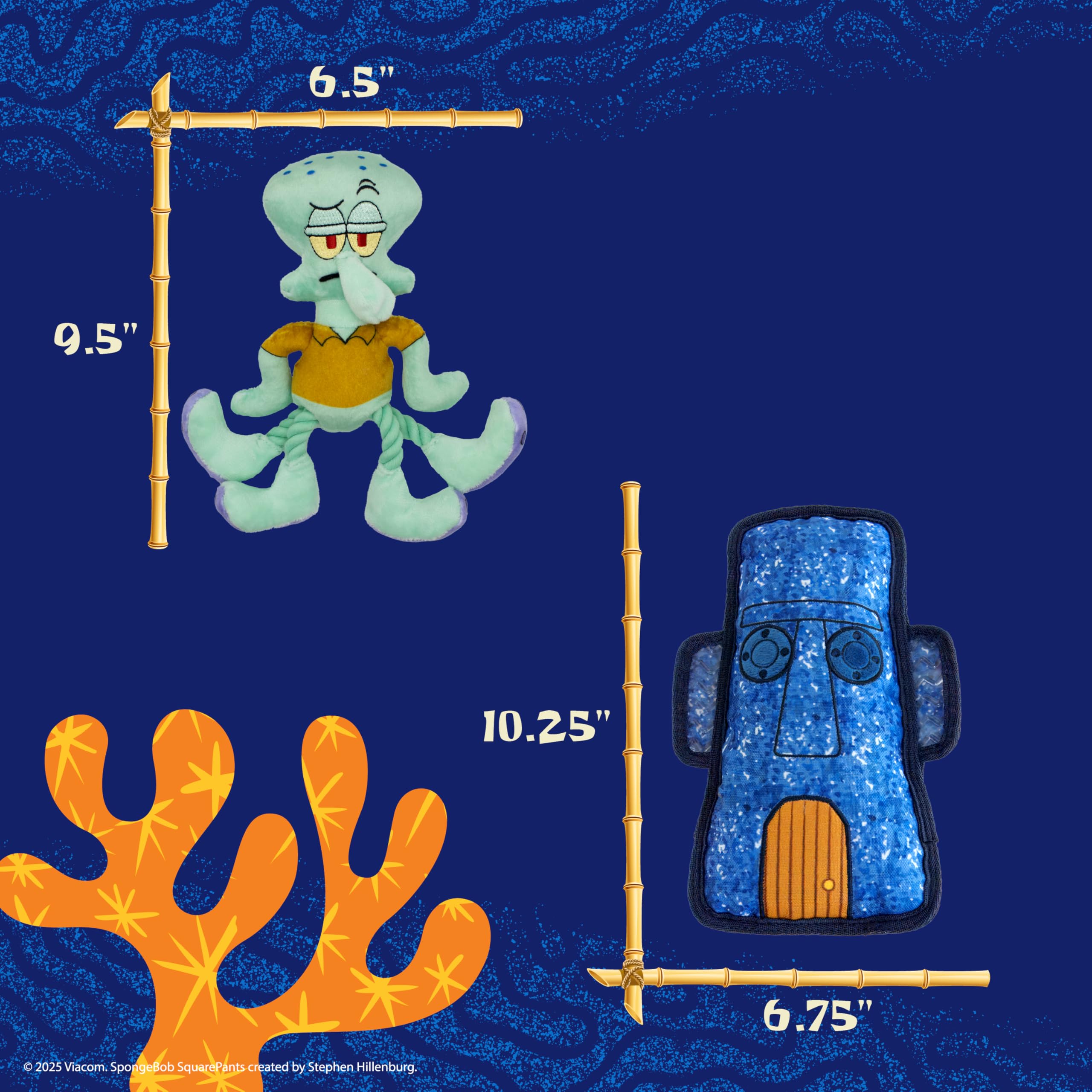 Design Lab, Inc. Spongebob Squarepants Official Merchandise | Squeaky Plush Dog Toys | 2-Pack Squidward & Tiki Dog Toys With Squ